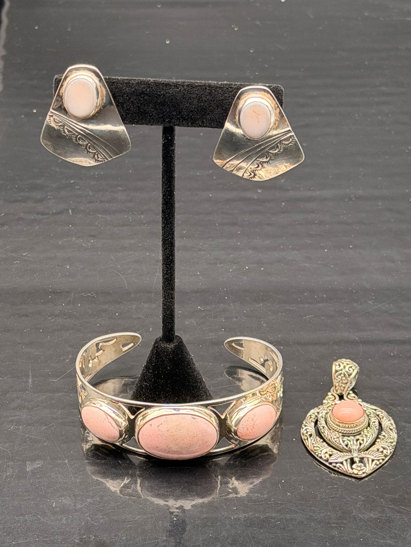 Vintage Sterling Pink Stone Jewelry Set – Cuff Bracelet, Earrings & Pendant (53g) (1 of 12)