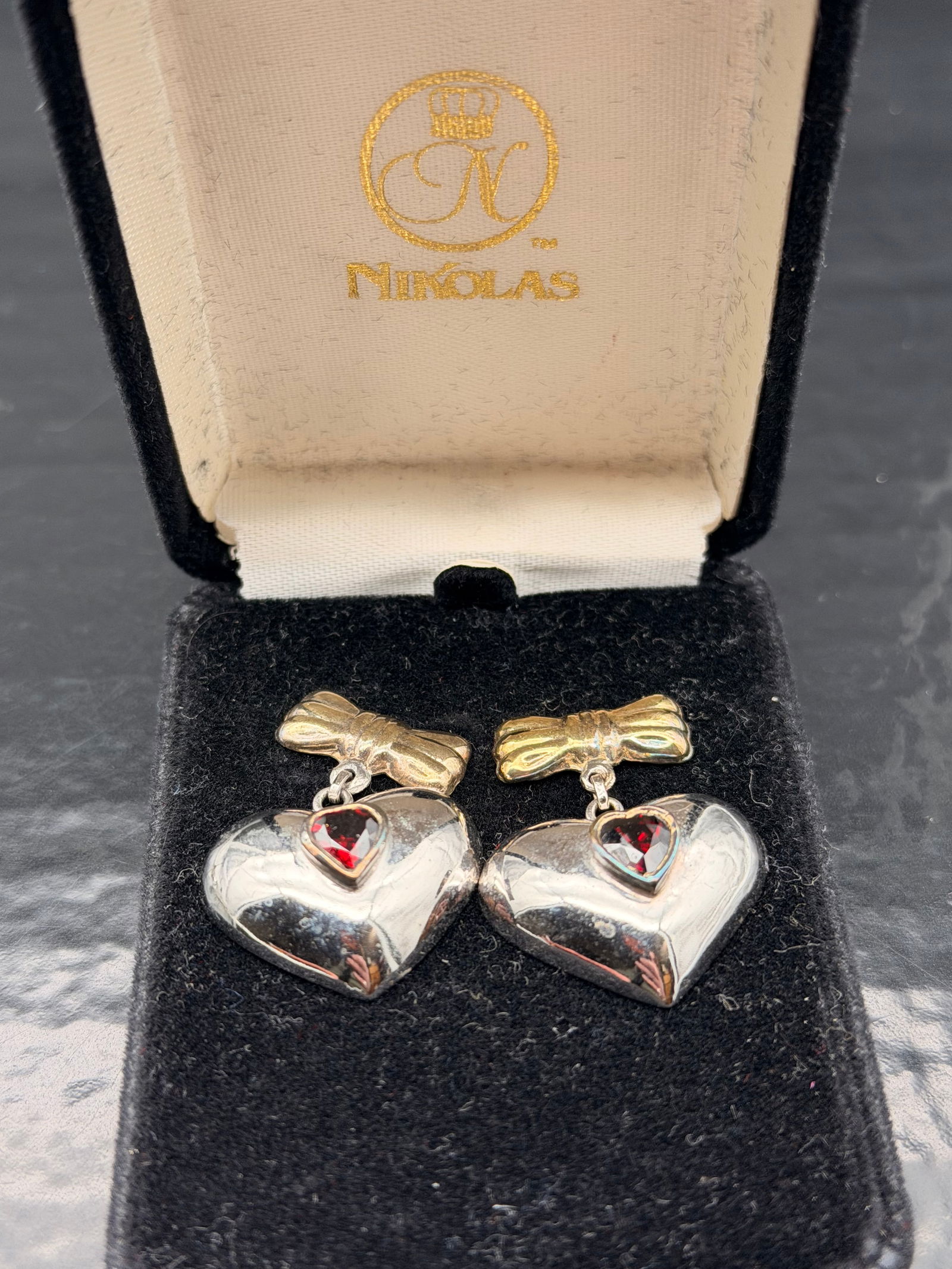 Mikolas Heart Dangle Earrings – Silver Tone with Red Crystal & Gold Bow (1 of 3)