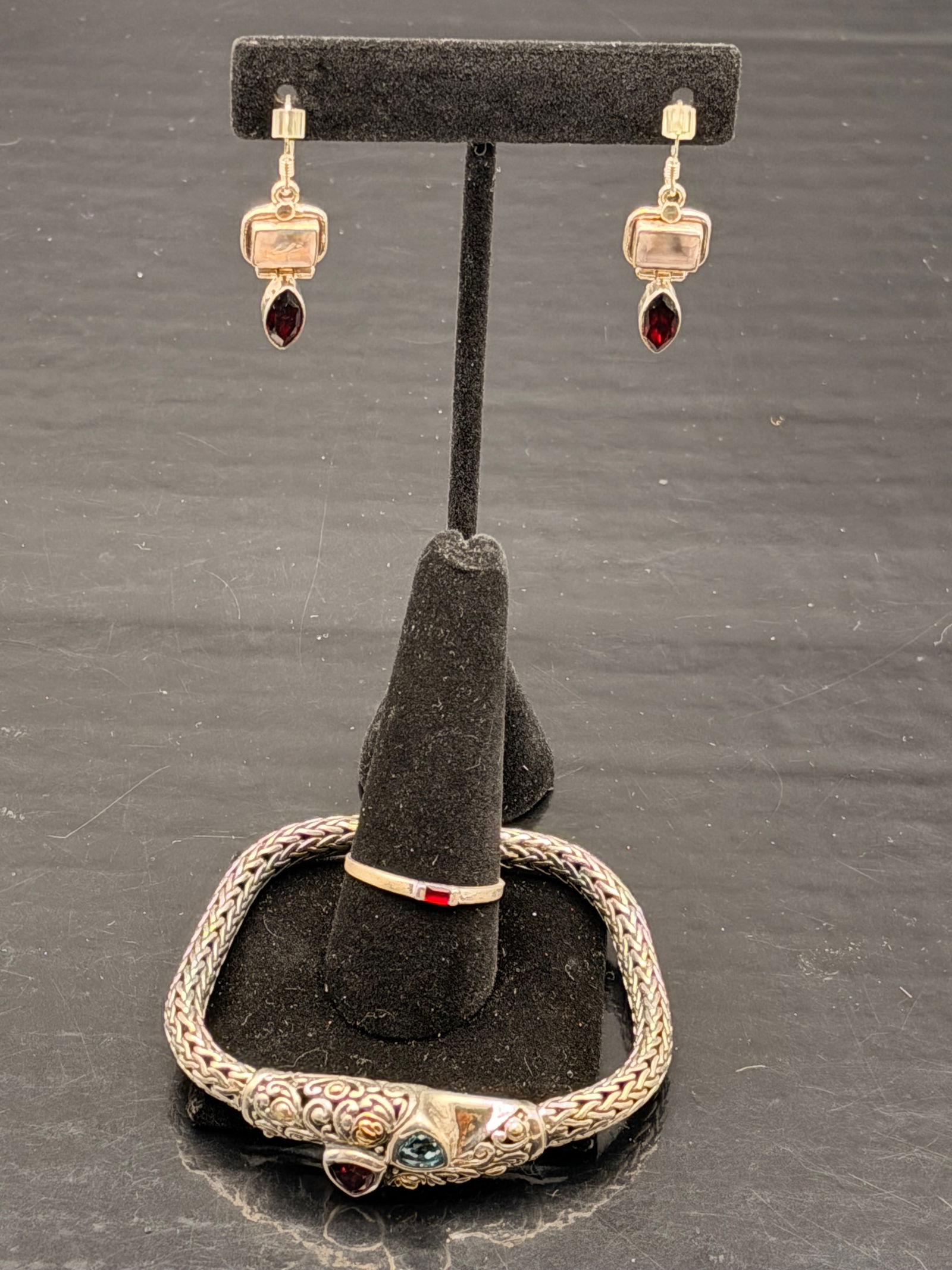 Sterling Silver 925 & 18K Accents Jewelry Set – Bracelet, Ring & Garnet Earrings – 44g (1 of 13)