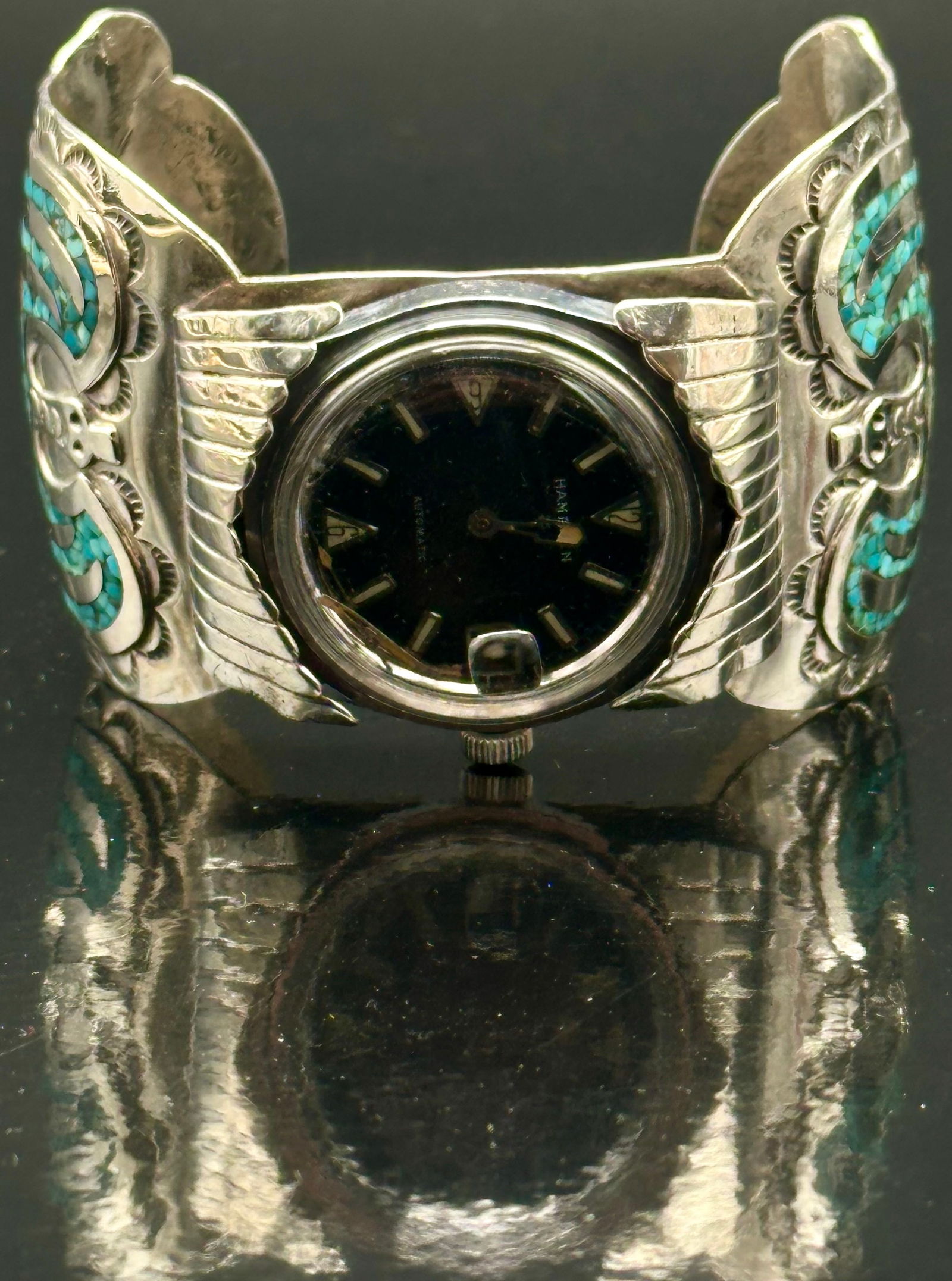 Vintage Navajo Sterling Turquoise Inlay Watch Cuff – 139g, Signed (1 of 13)