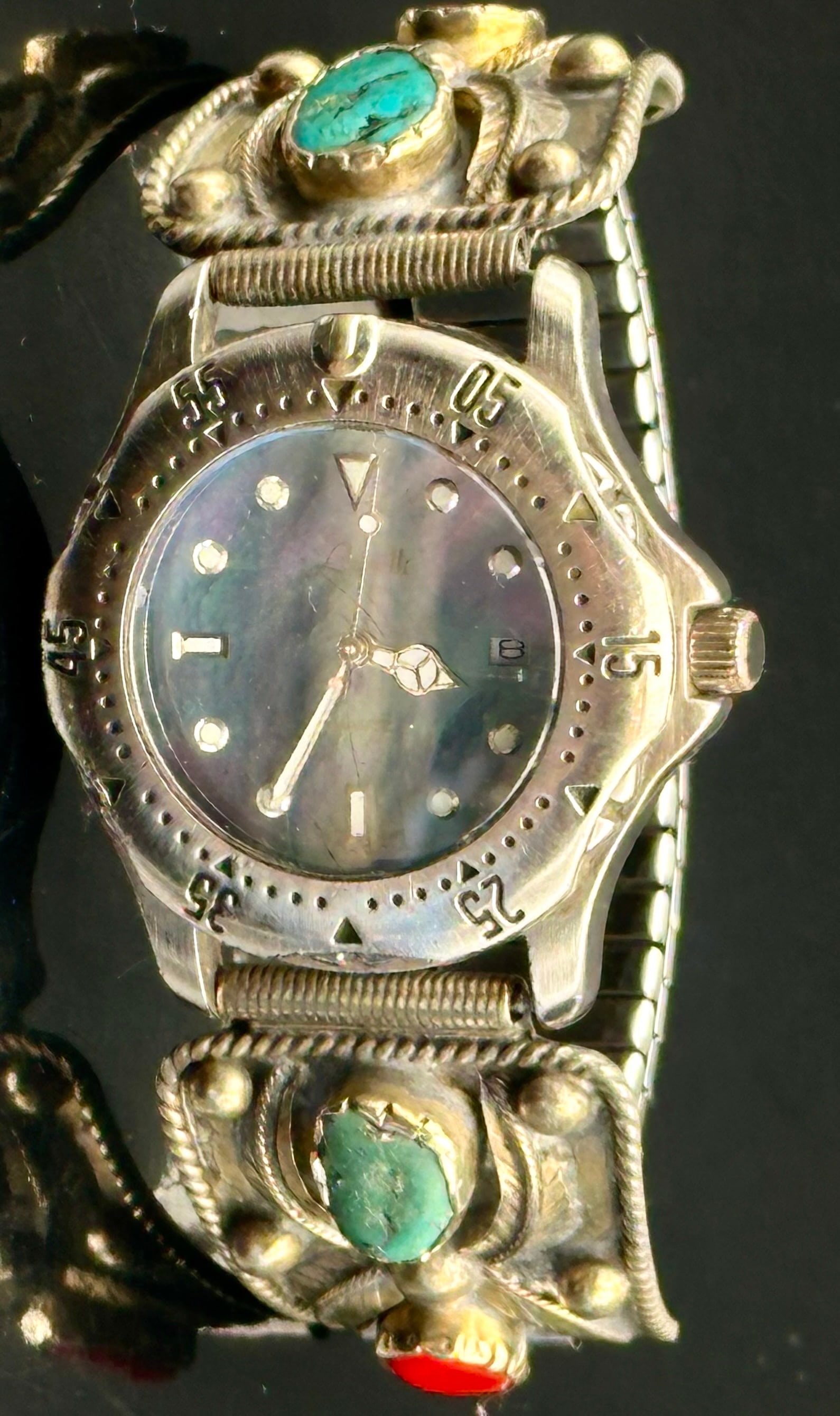 Mexican Sterling Turquoise & Coral Watch Tips – 89g, Marked Mexico (1 of 9)