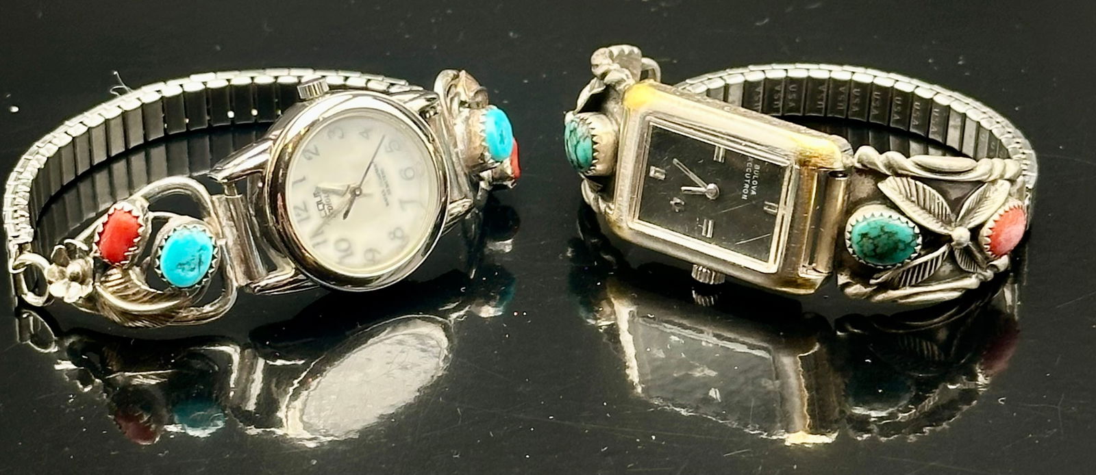 Lot of 2 Sterling Turquoise & Coral Watch Tip Bracelets – 57g Total (1 of 9)