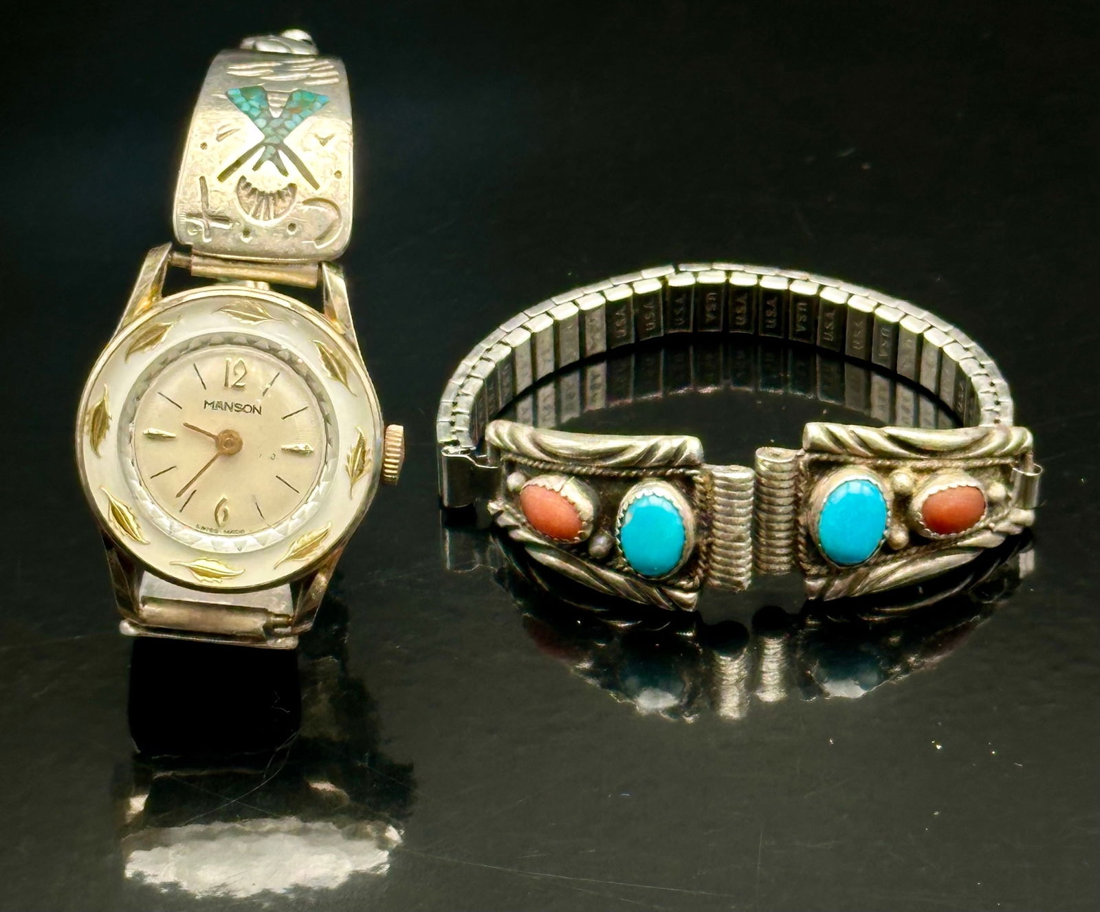 Lot of 2 Sterling Turquoise & Coral Watch Tip Bracelets – 45g Total (1 of 8)
