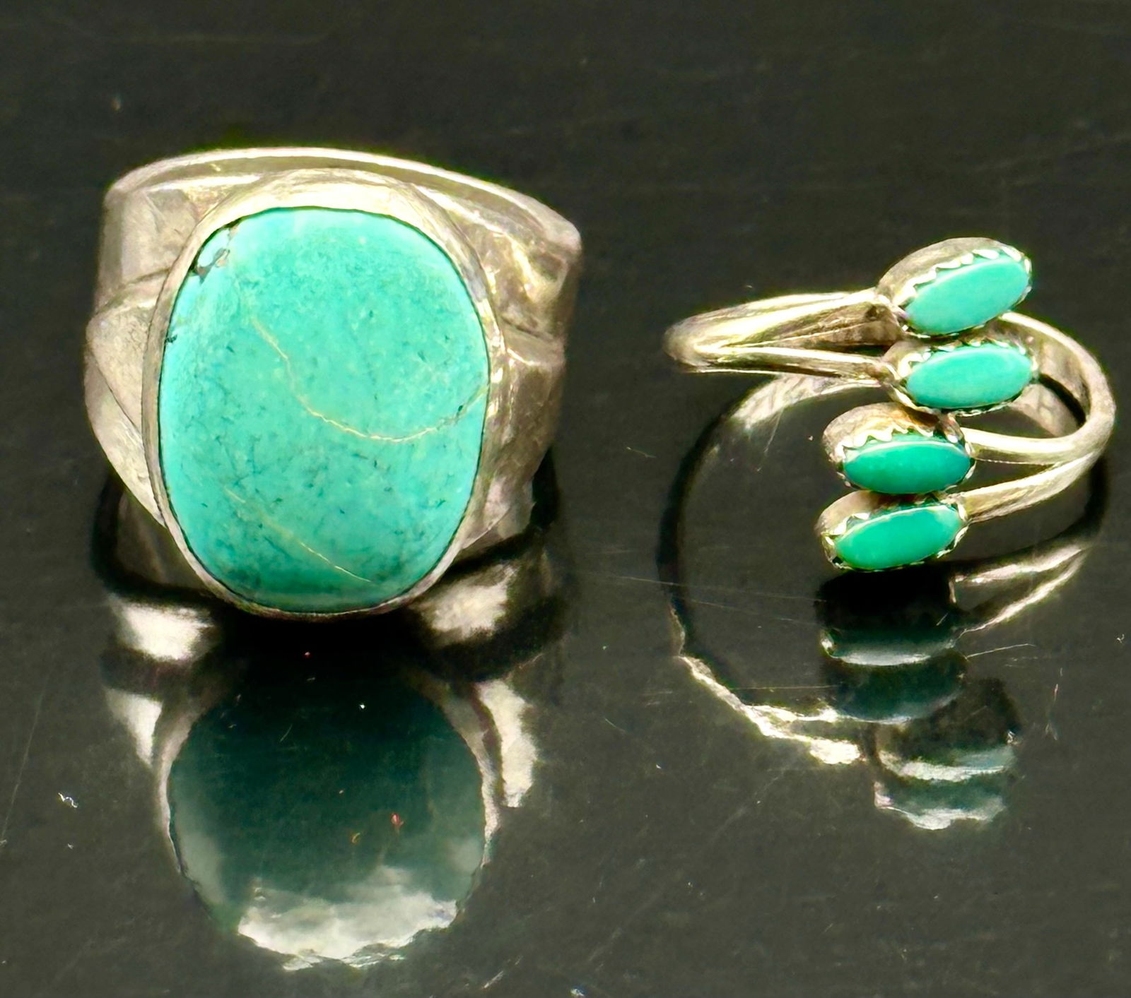 Pair of Sterling Silver Turquoise Rings – Signed H.K. Coonsis – 18g: Lot of two vintage sterling silver turquoise rings, total combined weight 18 grams.• One ring is signed H.K. Coonsis, a known Zuni silversmith, featuring three small turquoise stones in a classic
