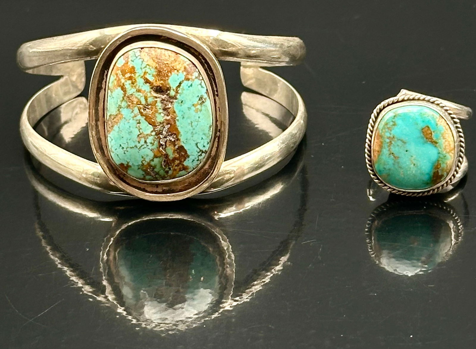 Native American Sterling Turquoise Cuff Bracelet & Ring Set – 56g (1 of 12)