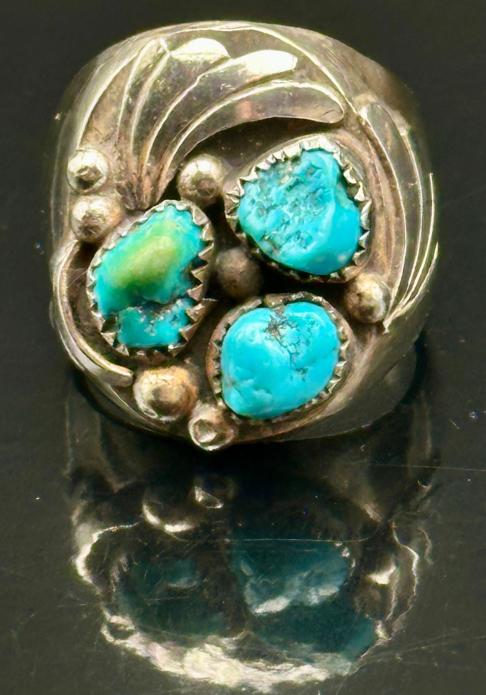 Vintage Navajo Sterling Silver Turquoise Cluster Ring – Size 11 (26g) (1 of 6)