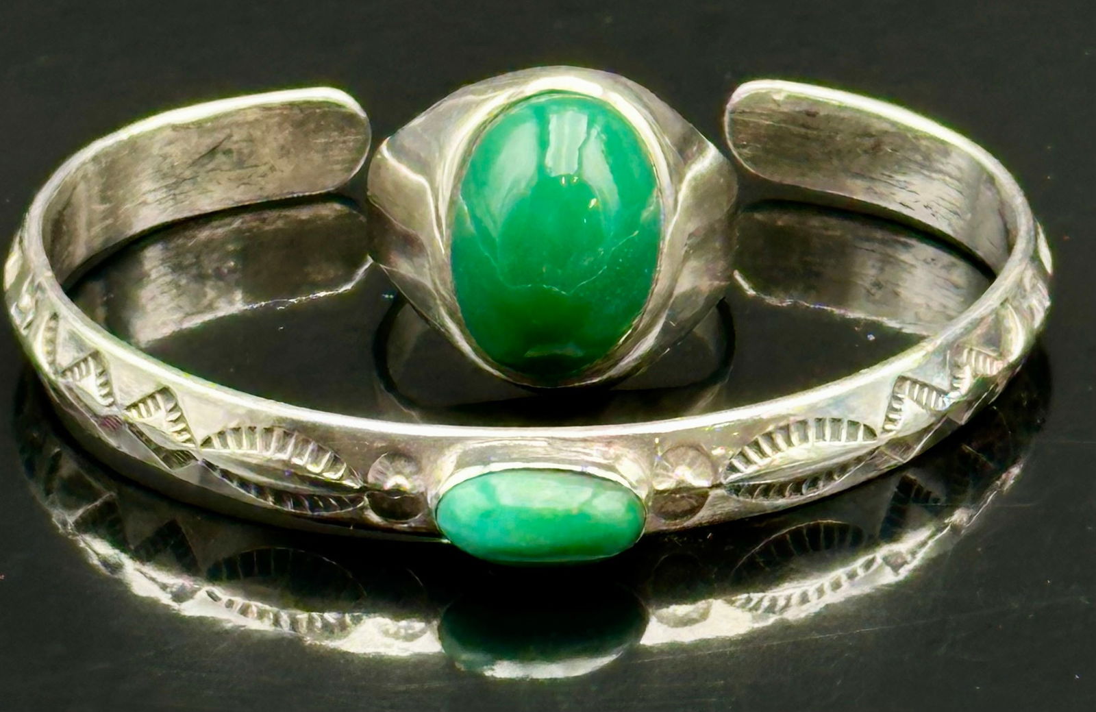 Sterling Silver Bracelet & Ring Set w/ Green Stones – 34g (1 of 15)