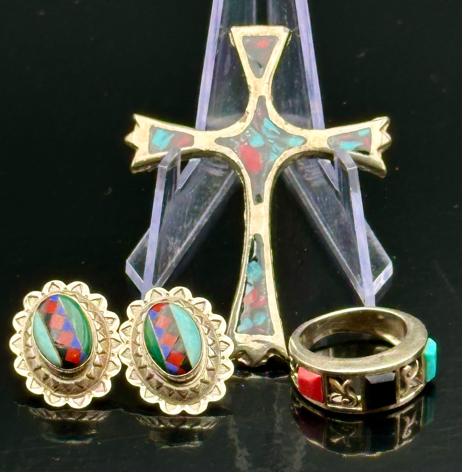 Sterling Inlay Cross, Earrings & Ring Set – 20g (1 of 12)