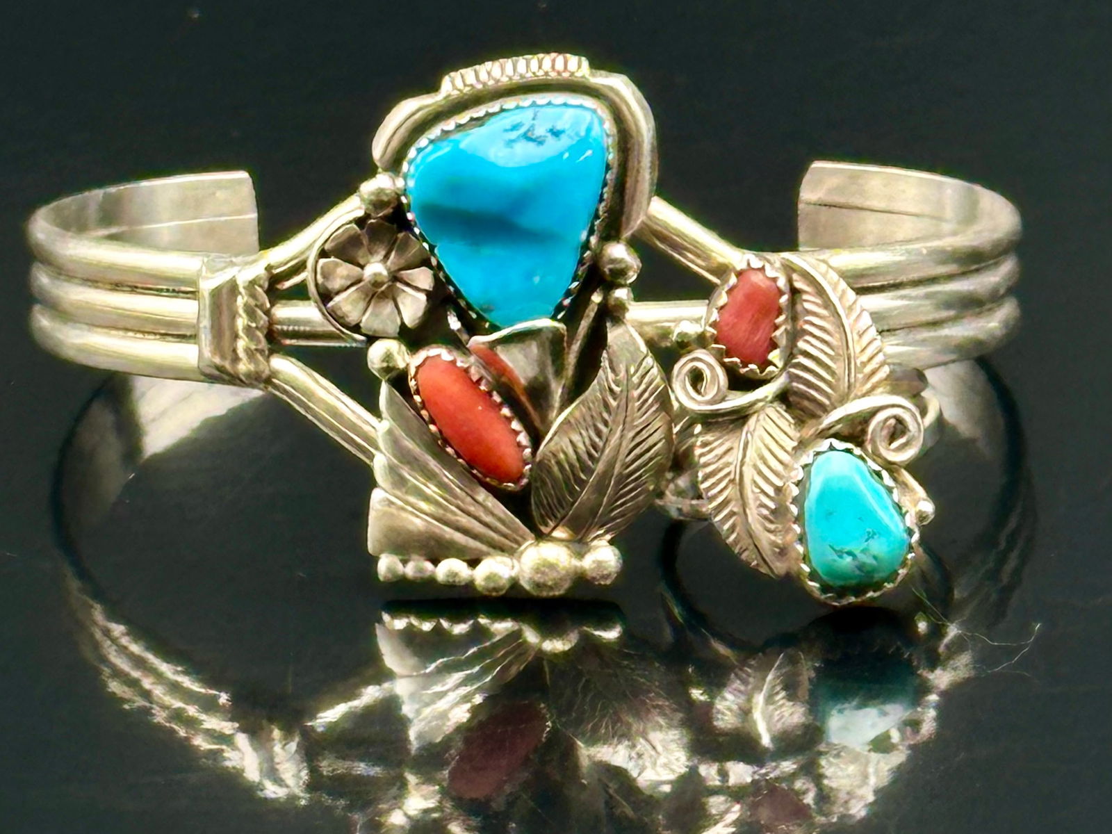 Navajo Sterling Turquoise & Coral Cuff + Ring Set – EDEE – 25g (1 of 12)