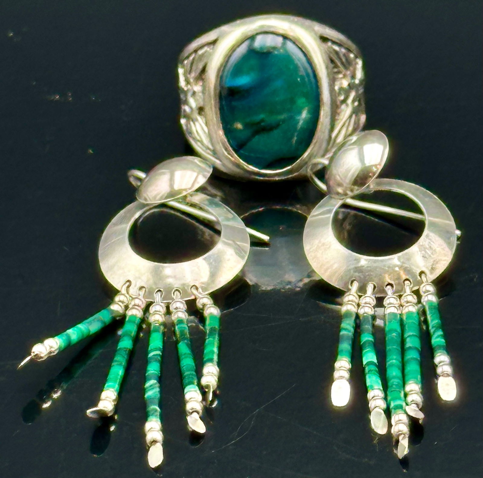 Sterling Malachite Ring & Dangle Earrings Set – 18g (1 of 12)
