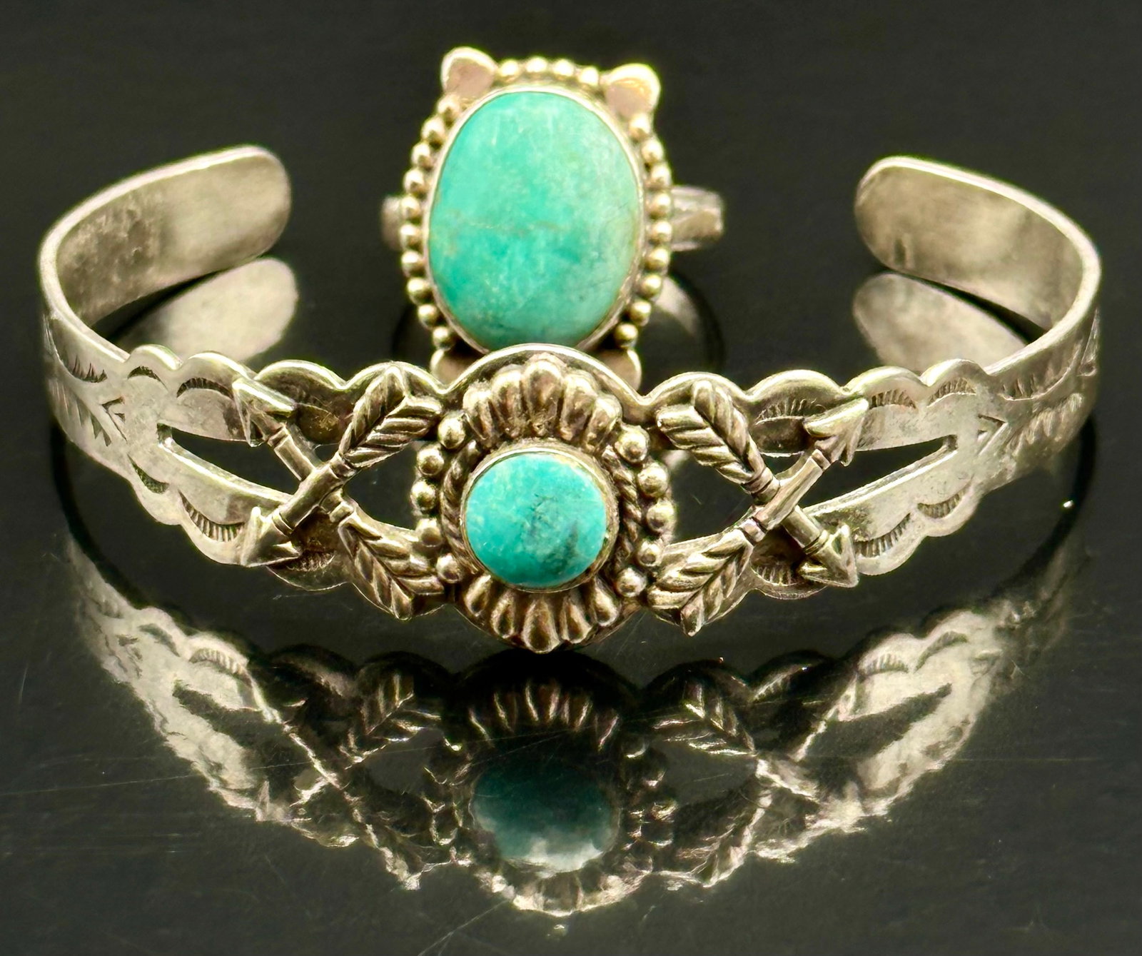 Vintage Navajo Sterling & Turquoise Bracelet & Ring Set – 19g (1 of 10)