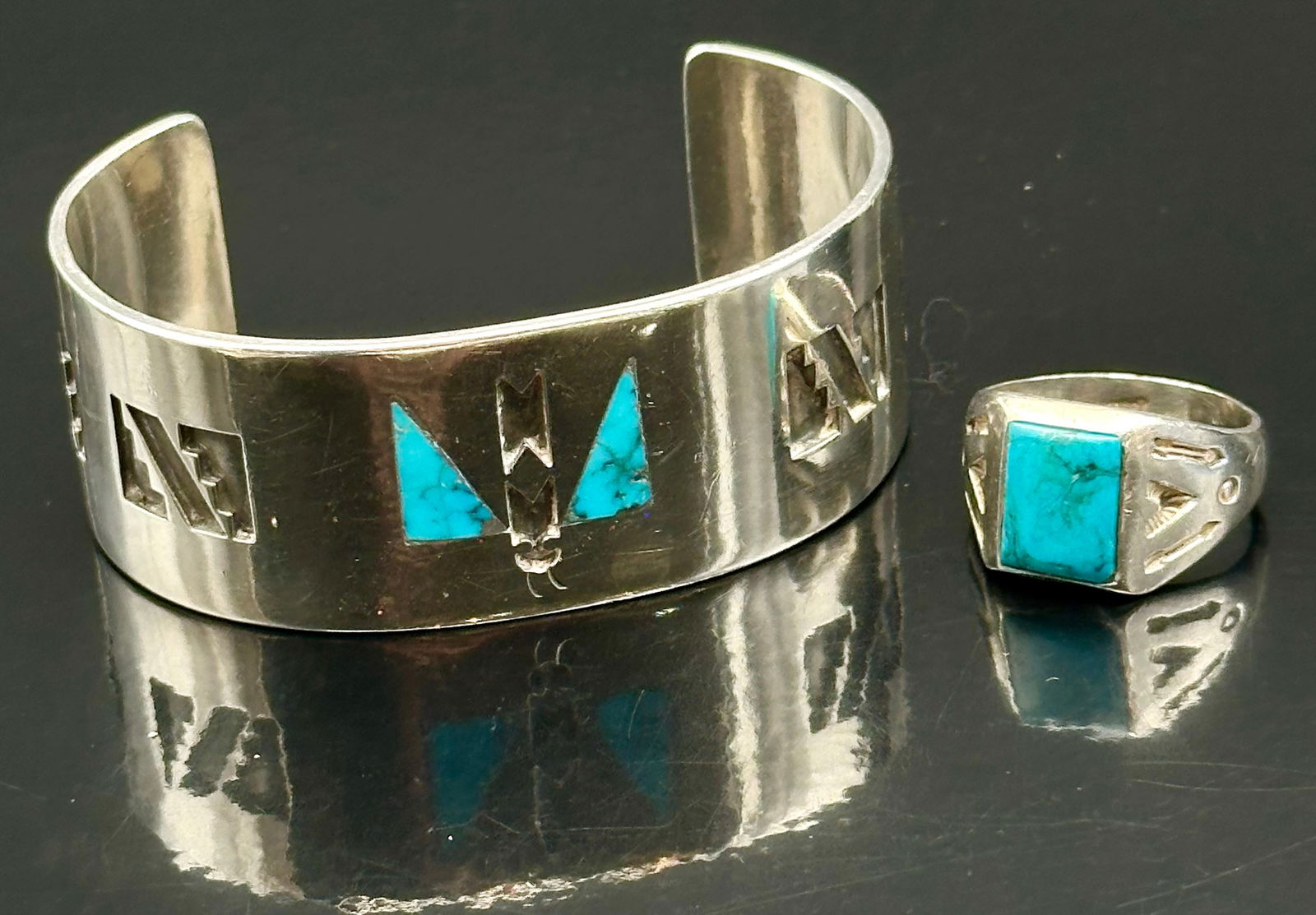 Navajo Sterling Turquoise Inlay Bracelet & Ring Set – 70g – Signed (1 of 11)