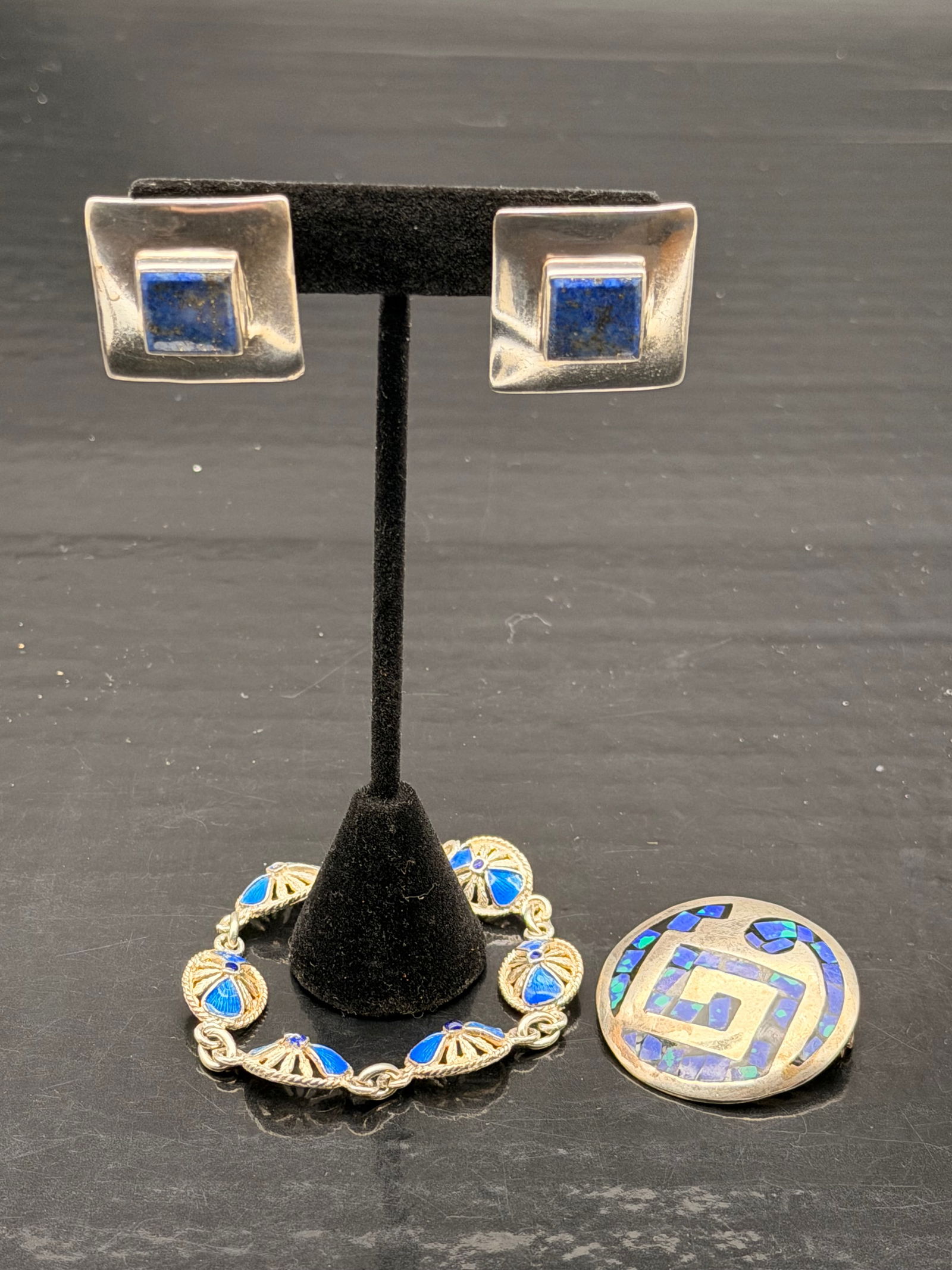 Sterling Silver Blue Stone Jewelry Set – Earrings, Bracelet & Inlay Brooch (1 of 11)