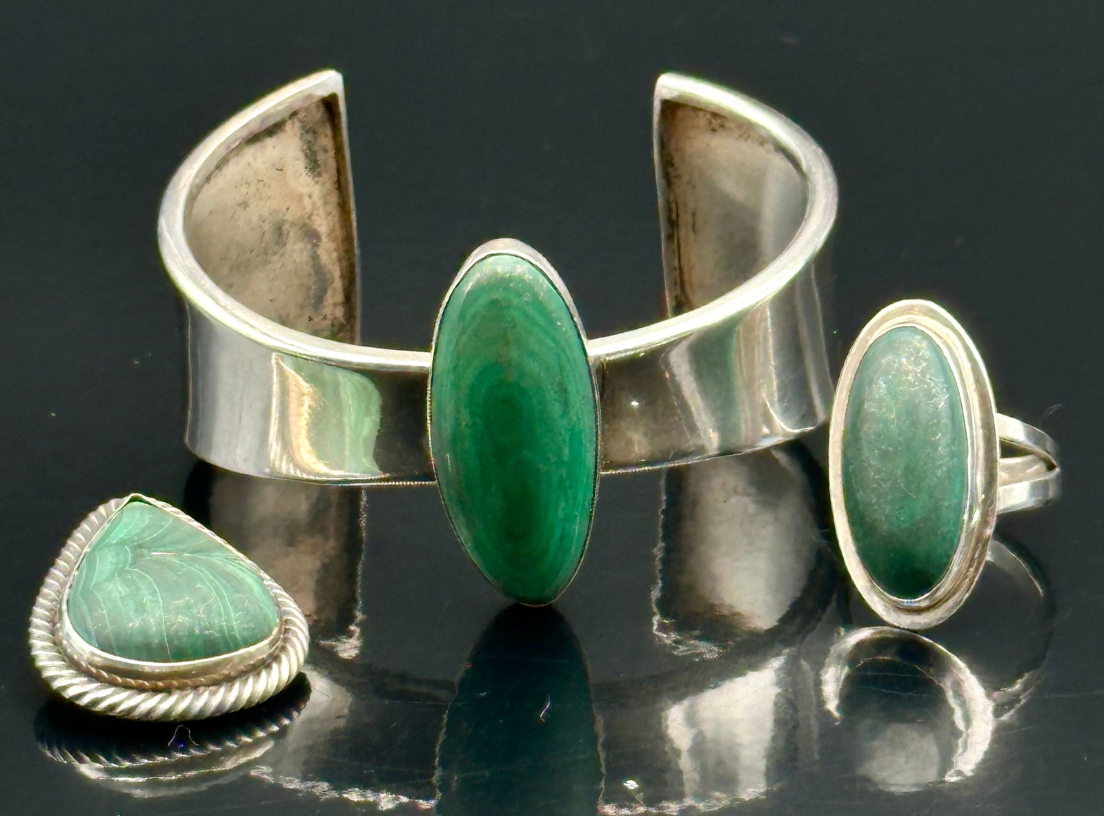 Vintage Sterling Silver Malachite Jewelry Set – Bracelet, Ring & Pendant – 65g (1 of 10)
