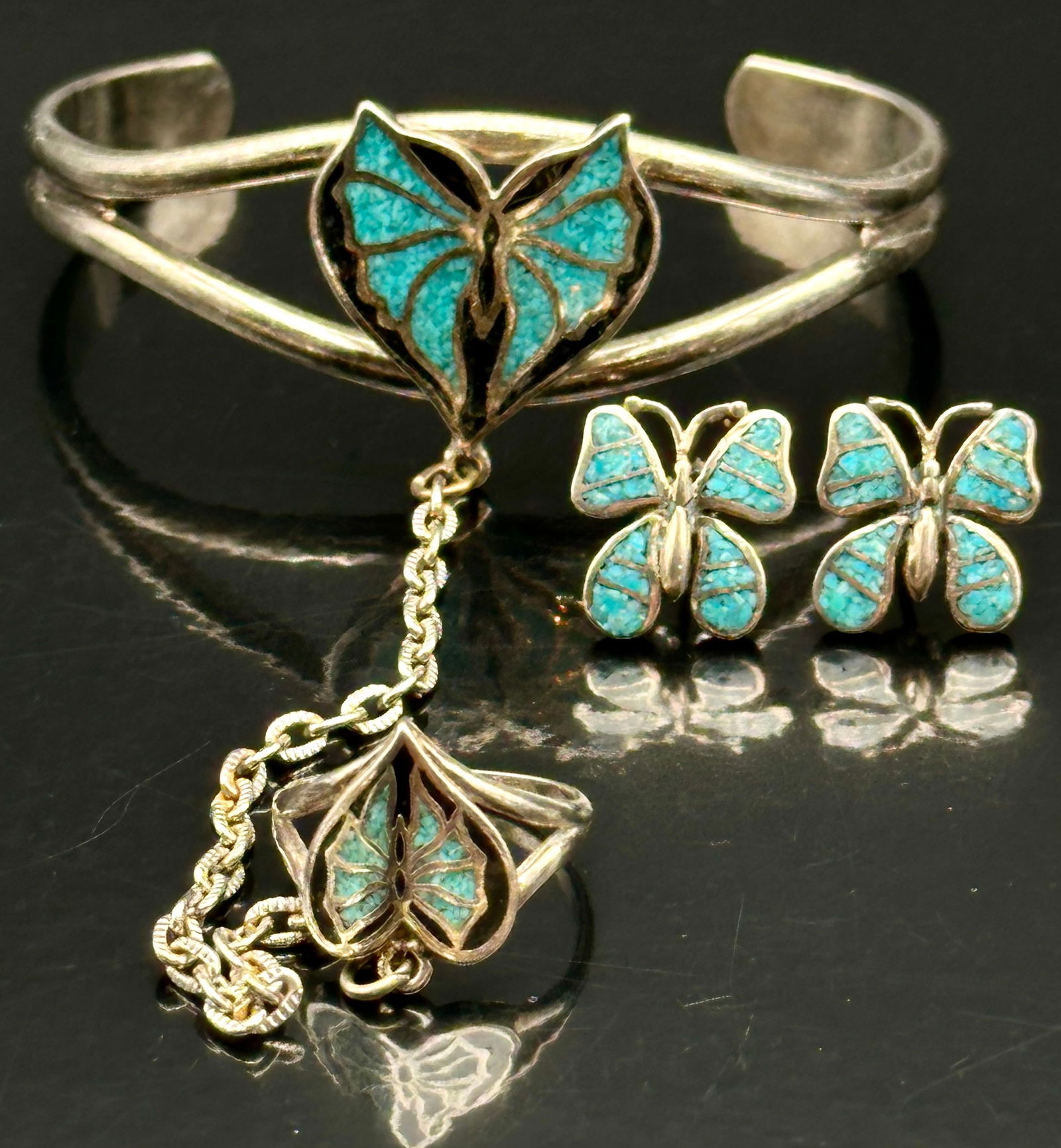Sterling Silver Turquoise Butterfly Jewelry Set – Bracelet, Ring & Earrings – 35g (1 of 13)