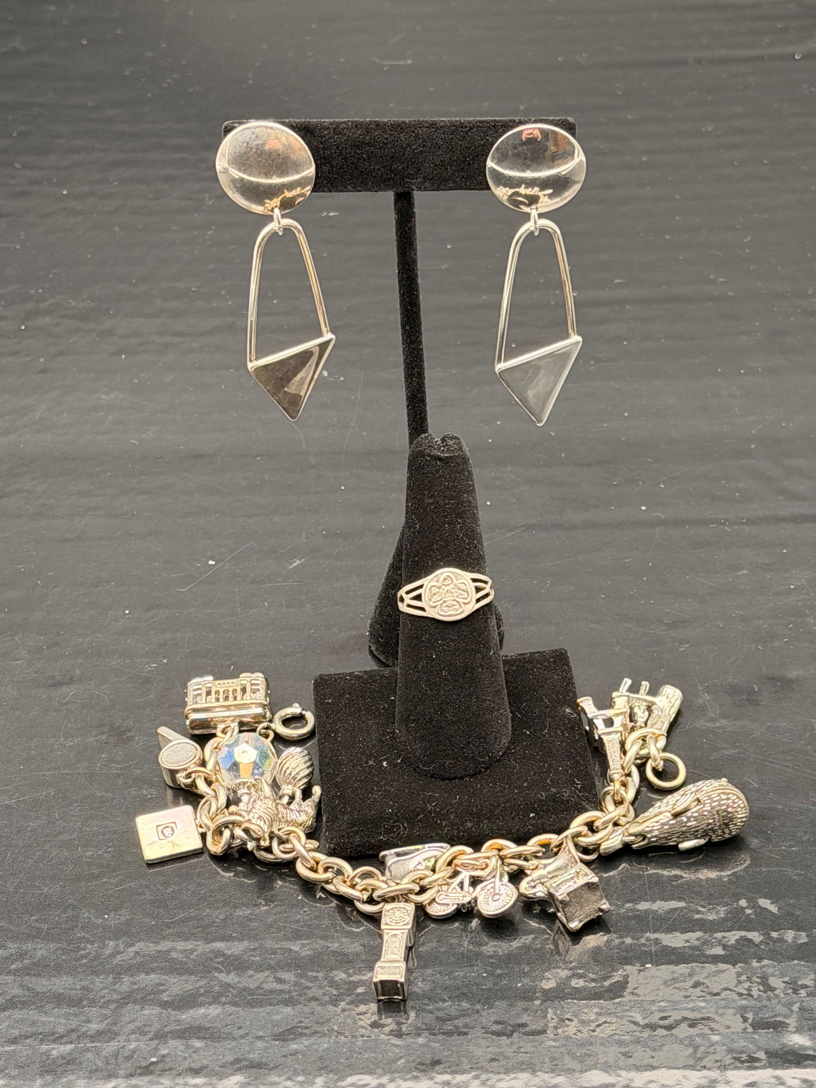 Sterling Silver Charm Bracelet + Karen Jaye Modernist Earrings (65g Total) (1 of 9)