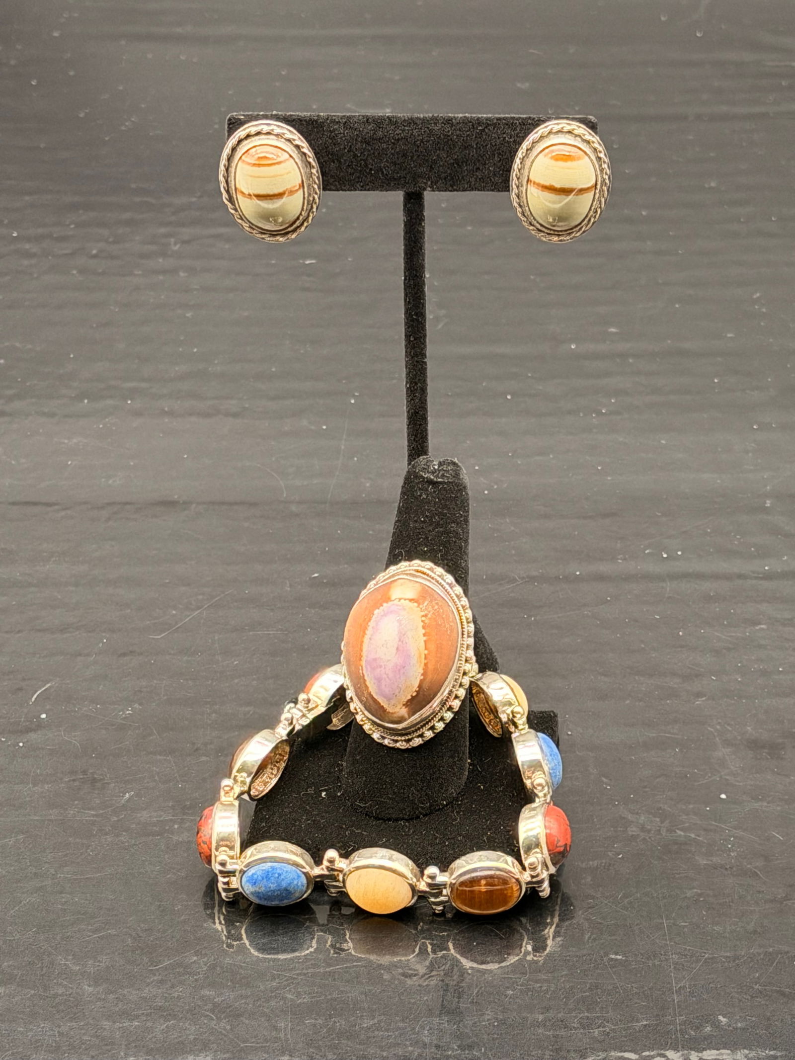 925 Sterling Multistone Jewelry Set – Earrings, Ring & Bracelet: Beautiful 3-piece sterling silver set featuring natural polished stones.