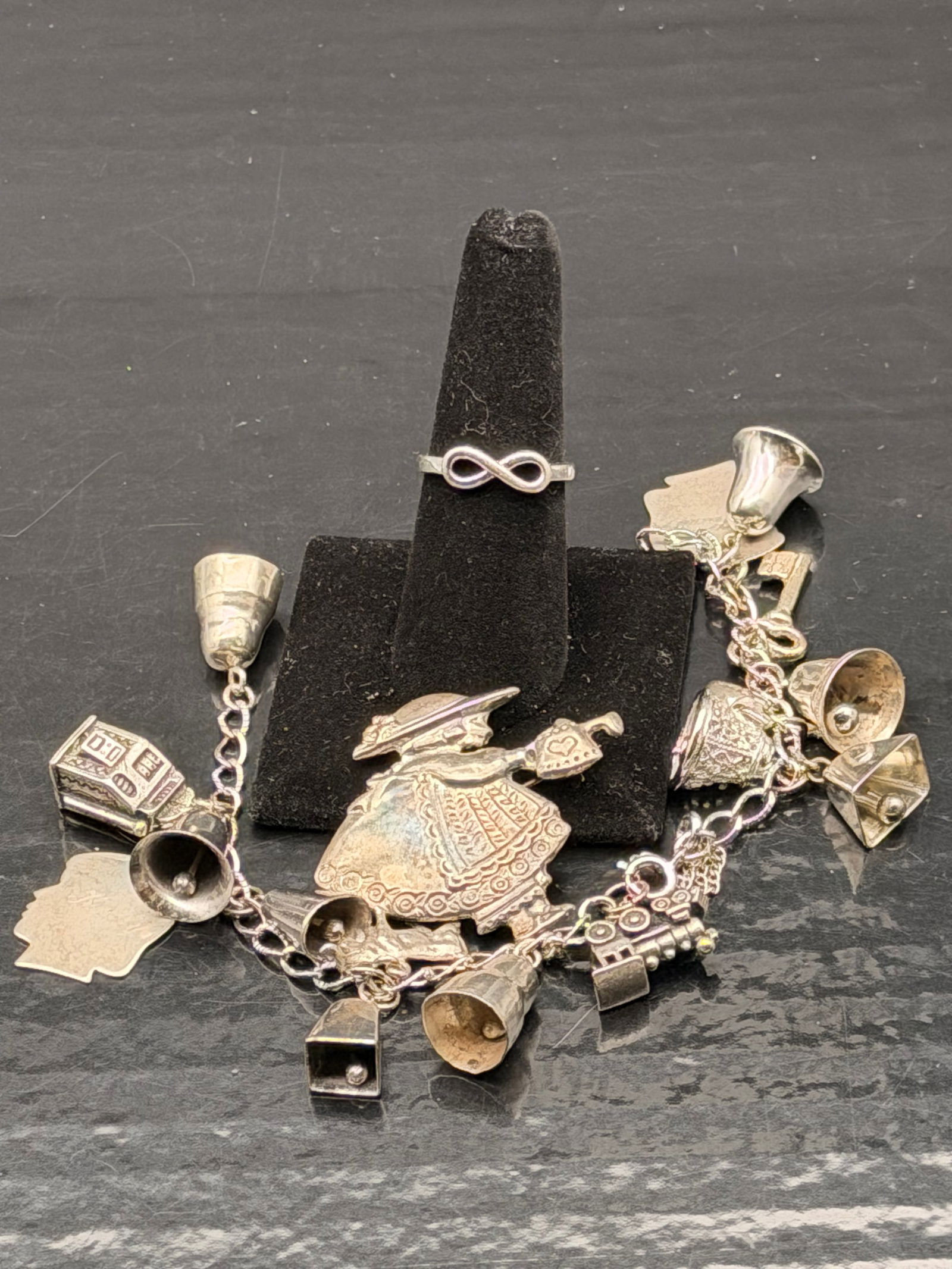 Vintage Sterling Silver Charm Bracelet Lot – 49g – Travel, Bells, Slot Machine, Silhouette (1 of 13)