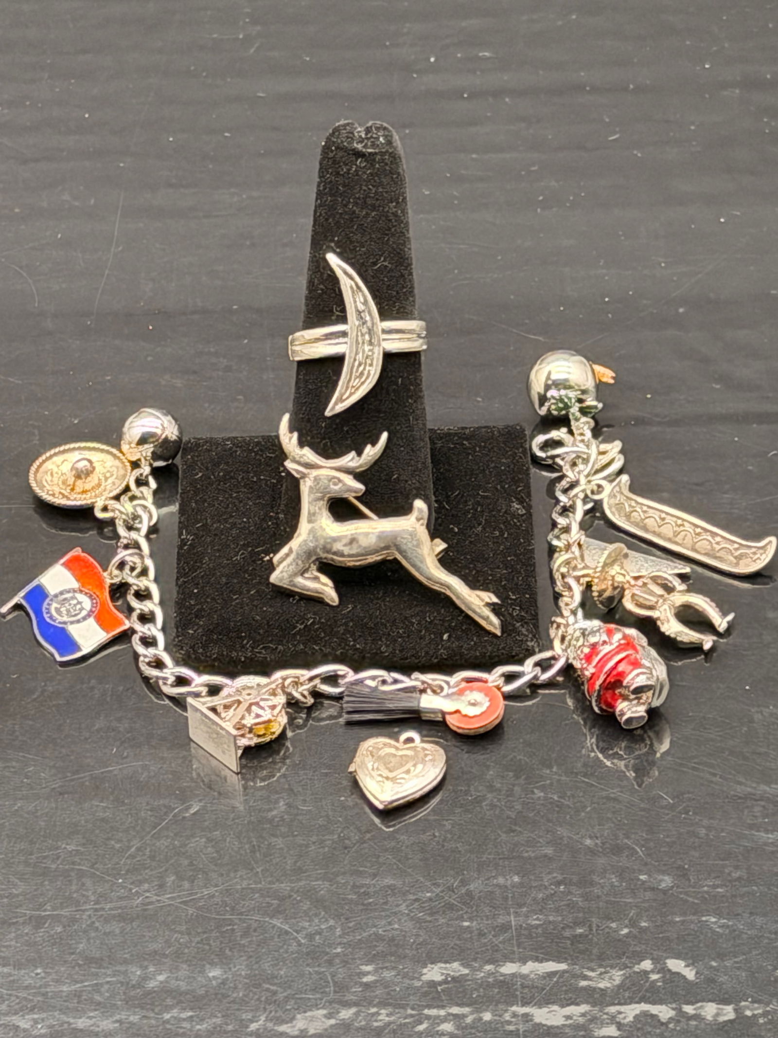 Sterling Silver Charm Bracelet, Deer Brooch & Ring Lot – 40g (1 of 13)