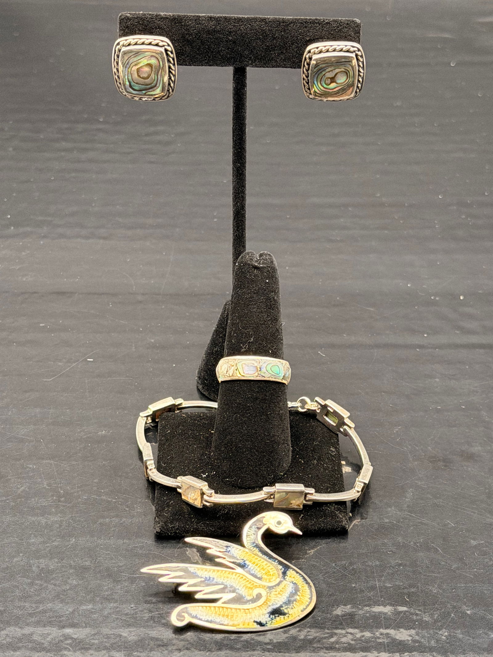 Vintage Sterling Silver Abalone & Enamel Jewelry Lot – Earrings, Bracelet, Ring & Swan Brooch – (1 of 14)