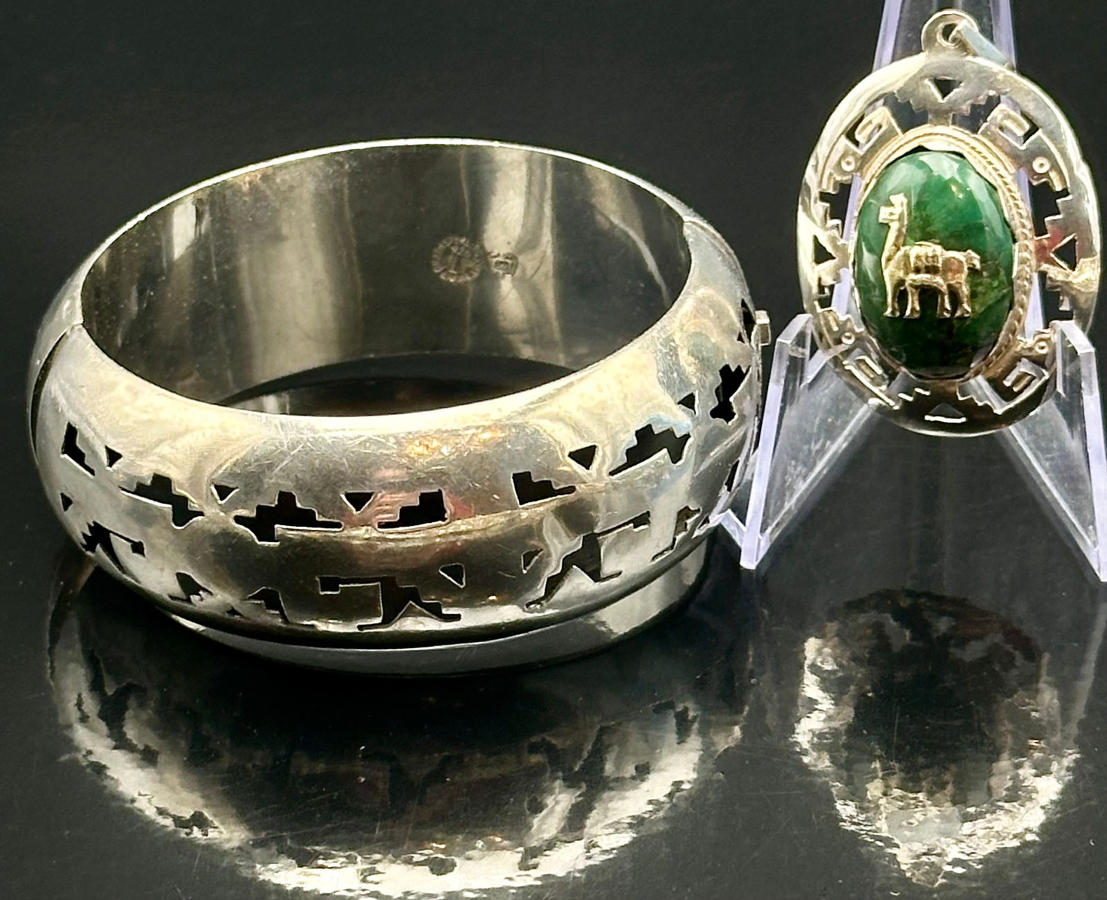 Mexican Taxco 925 Silver Bracelet & Peru Green Stone Pendant Set – 46g (1 of 13)