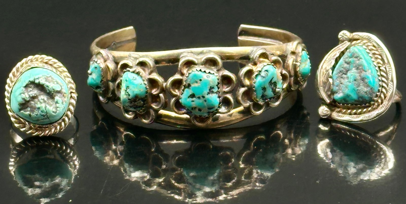 Mexican Sterling Turquoise Bracelet & 2 Rings Set – 46g (1 of 17)
