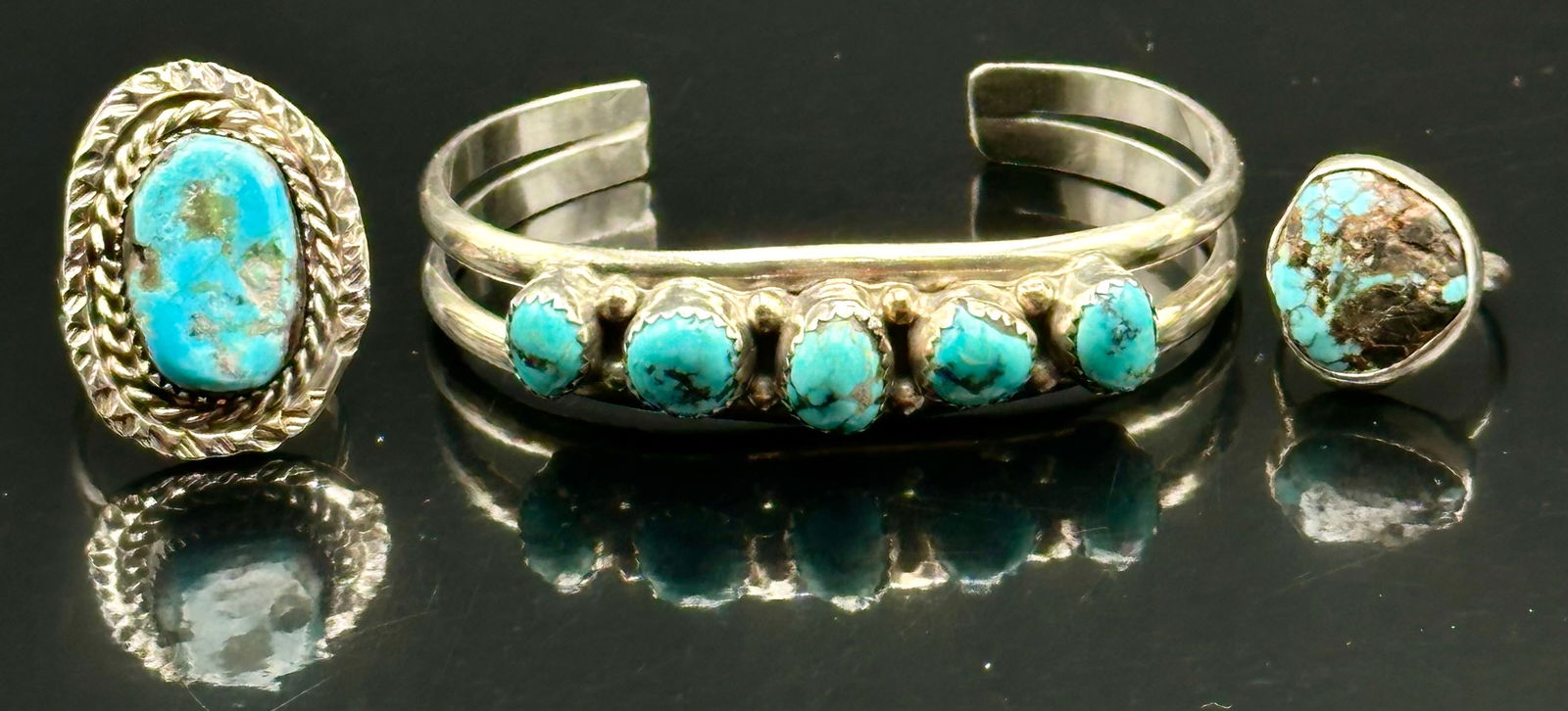 Sterling Turquoise Bracelet & 2 Rings Set – 38g (1 of 16)