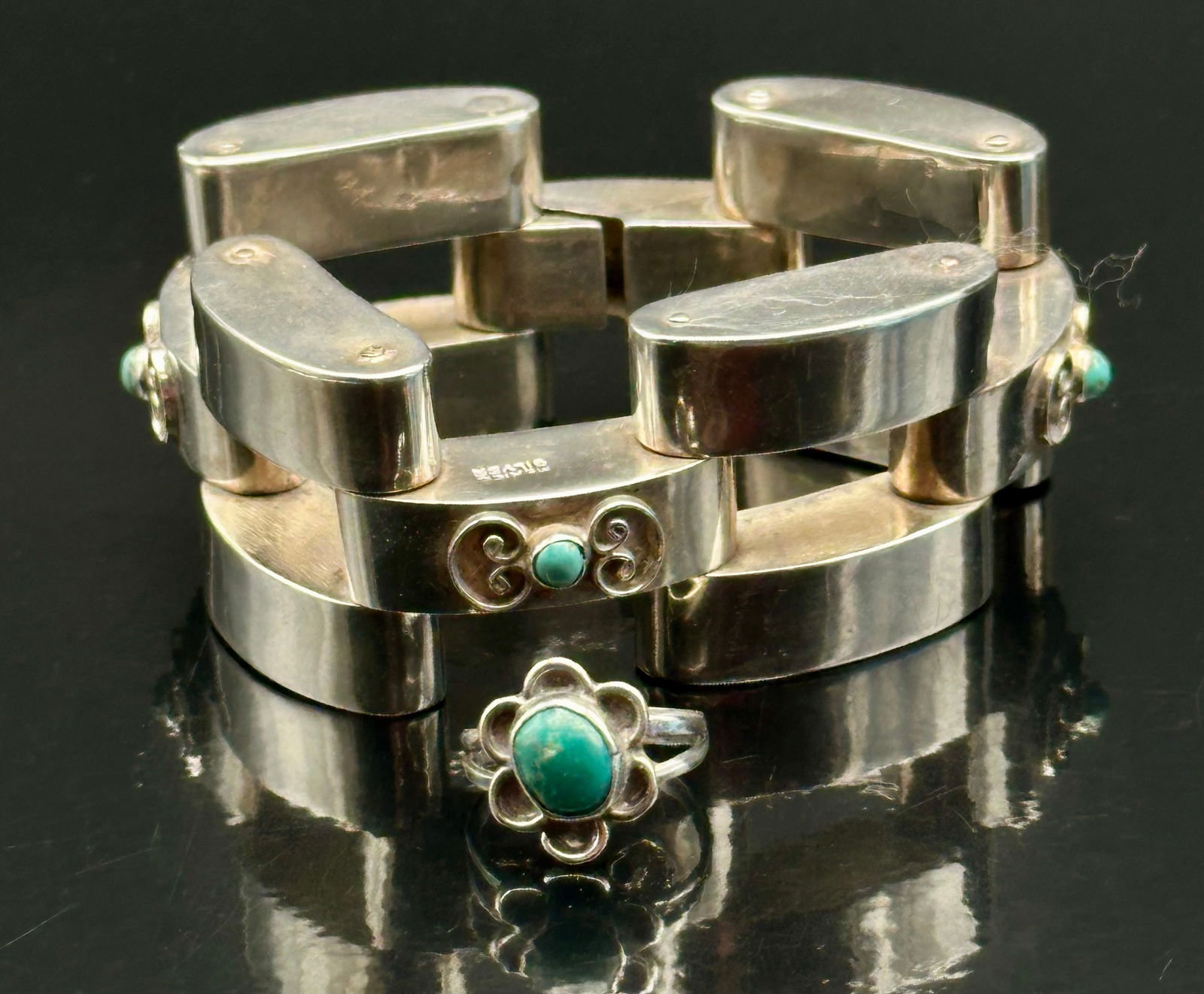 Vintage Mexican Silver Turquoise Panel Bracelet + Sterling Turquoise Ring – 62g (1 of 13)