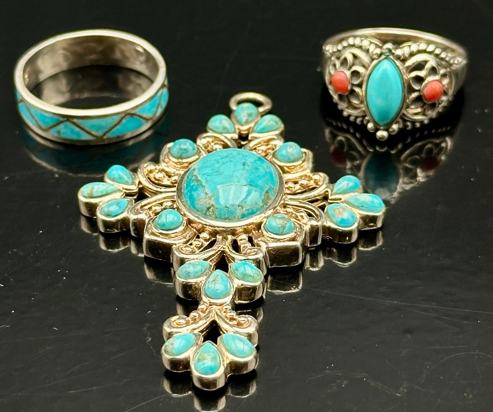 Sterling Turquoise Cross Pendant + 2 Sterling Rings Lot – 24g (1 of 15)