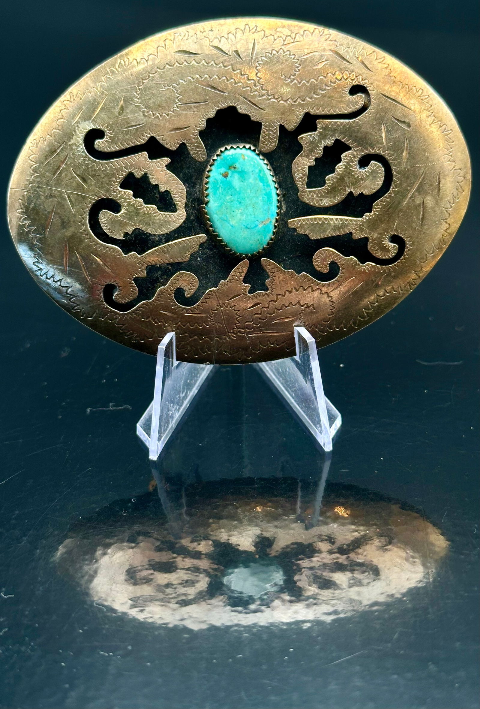 Vintage Navajo Style Brass Belt Buckle w/ Turquoise – 81g (1 of 7)