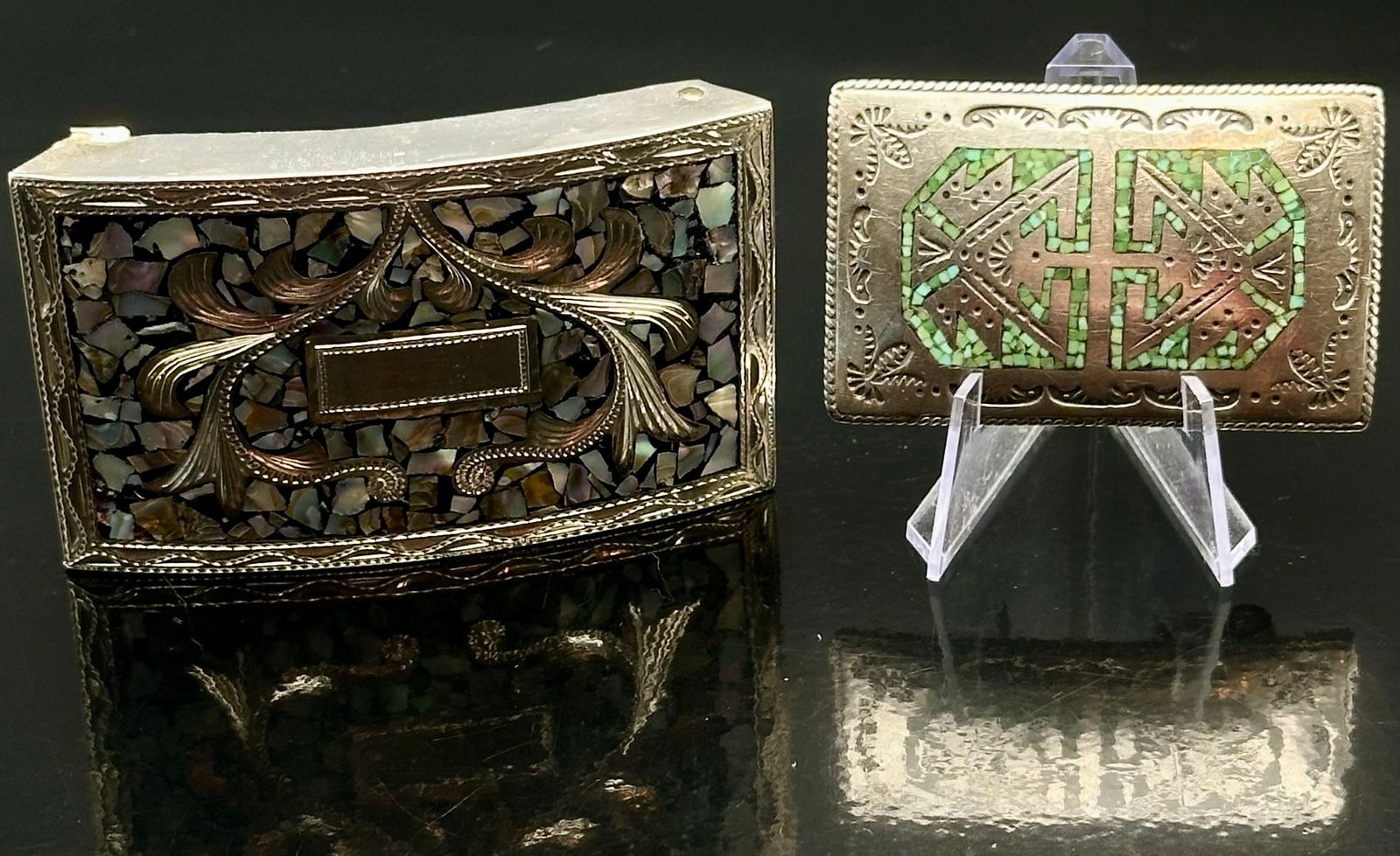 2pc Vintage Mexican Mosaic Inlay Belt Buckles – Sterling & Abalone, 85g Total: Nice lot of 2 vintage Mexican inlay buckles. One is abalone mosaic with ornate floral scroll design, marked J.F.. The other is green stone mosaic with hand-stamped border, marked on the back (Mexican