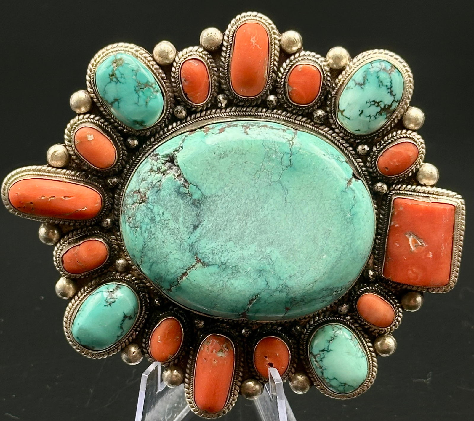 Large Navajo Style Sterling Turquoise & Coral Cluster Belt Buckle (159g, .925) (1 of 8)