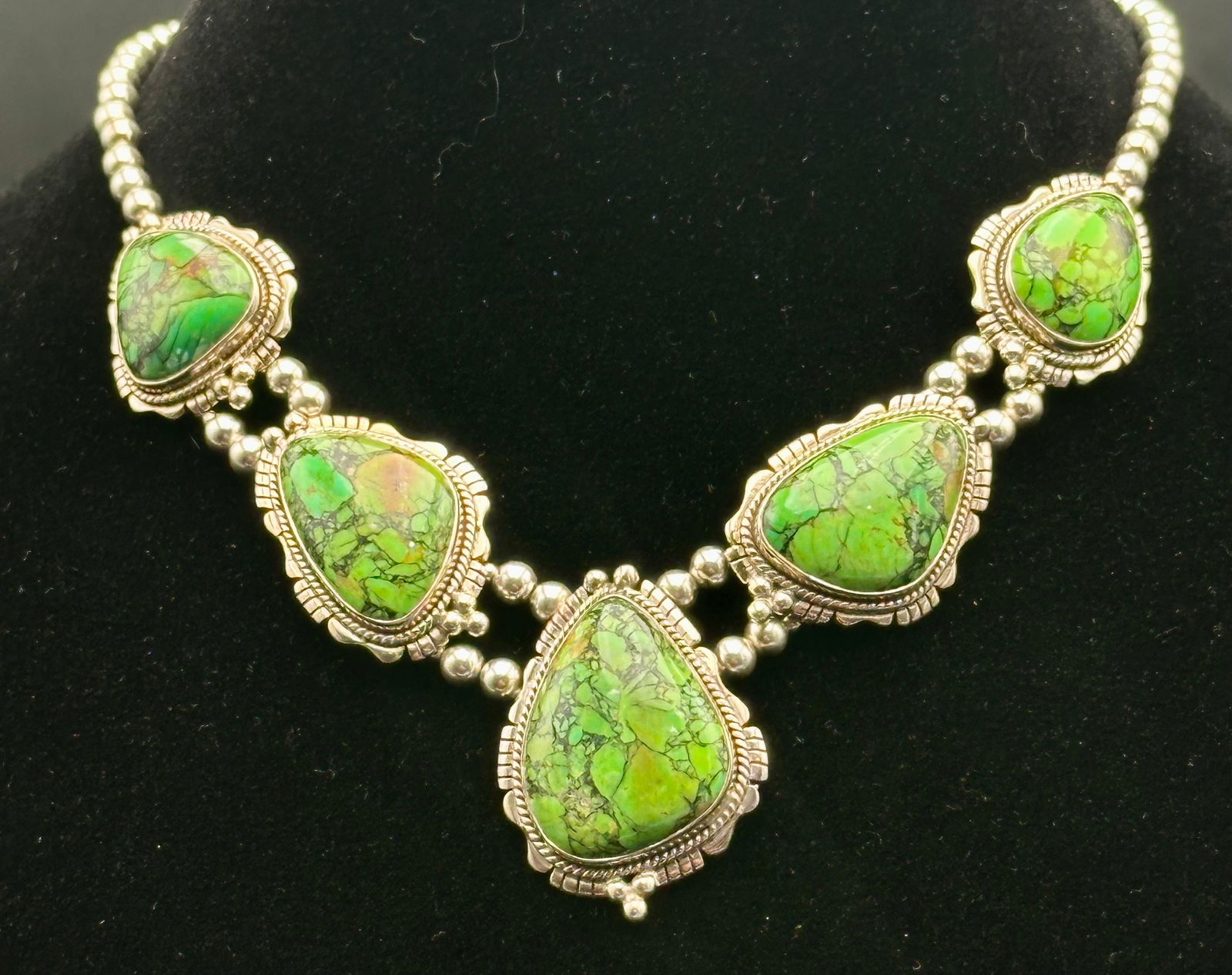 Vintage Sterling & Green Turquoise Cluster Necklace – 62g (1 of 7)