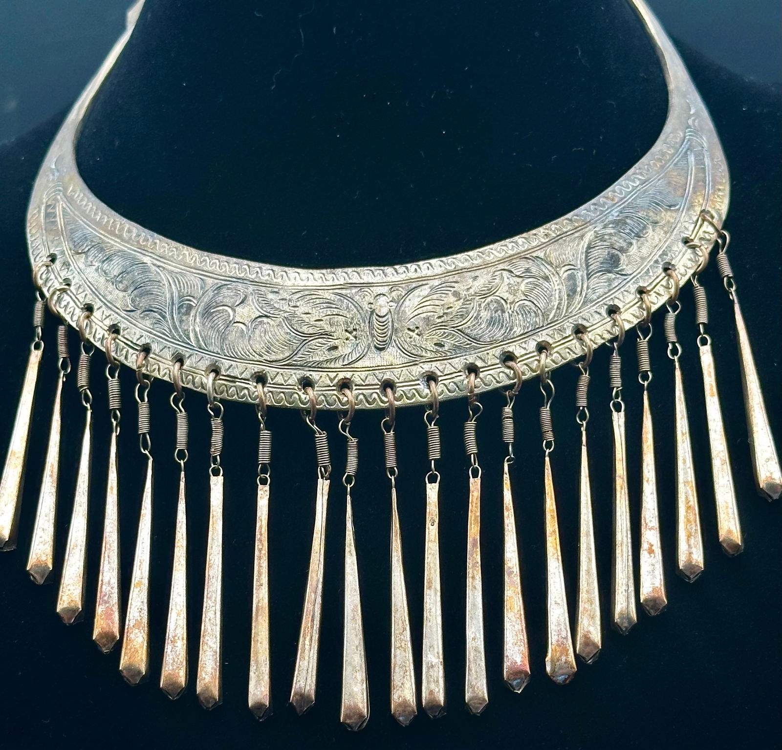 Vintage Thailand Hmong Hill Tribe Handmade Peacock Motif Bib Necklace Silver Tone (1 of 8)