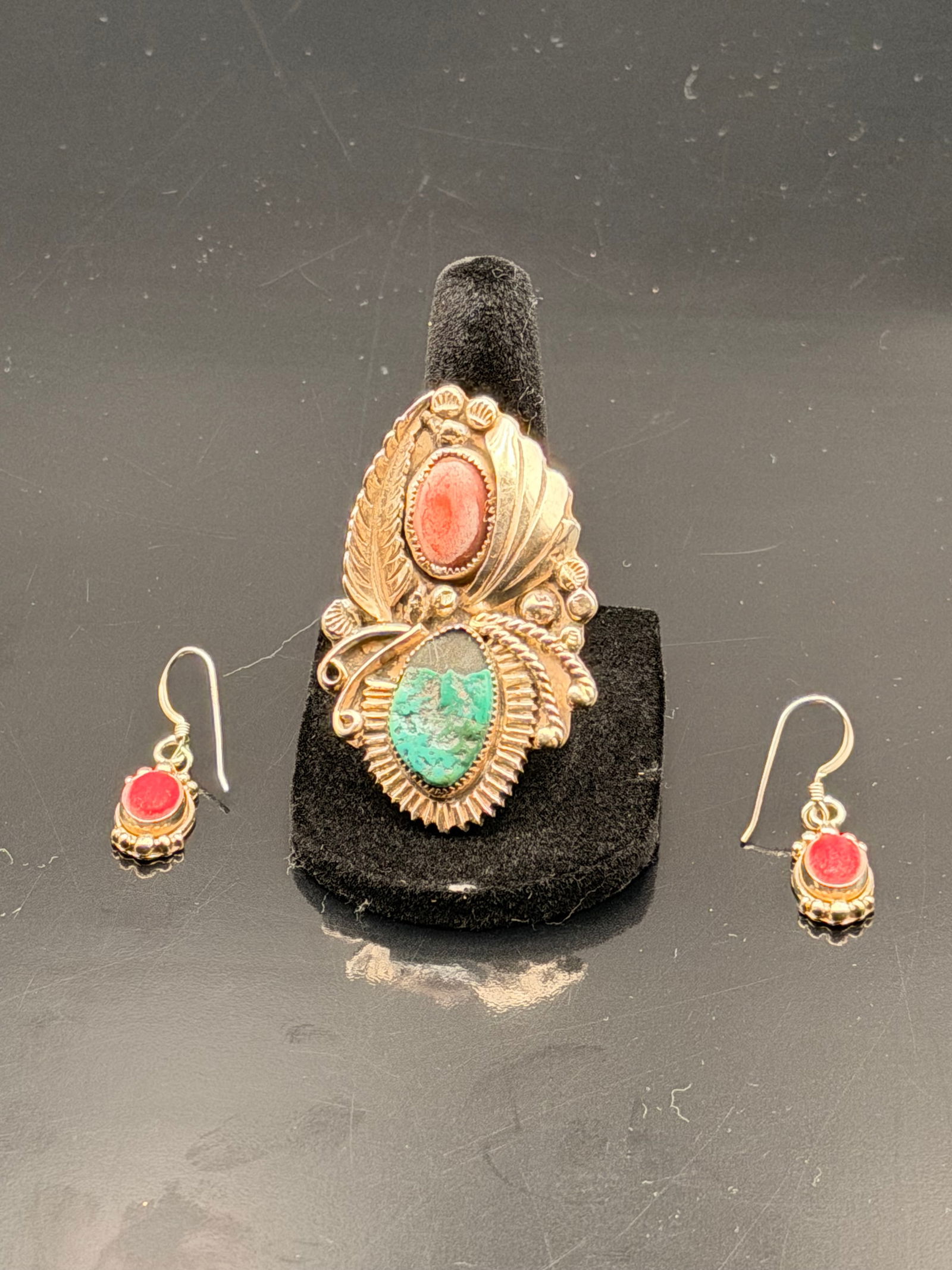 Sterling Silver 925 Turquoise & Coral Ring + Earrings Set – 19.6g (1 of 7)