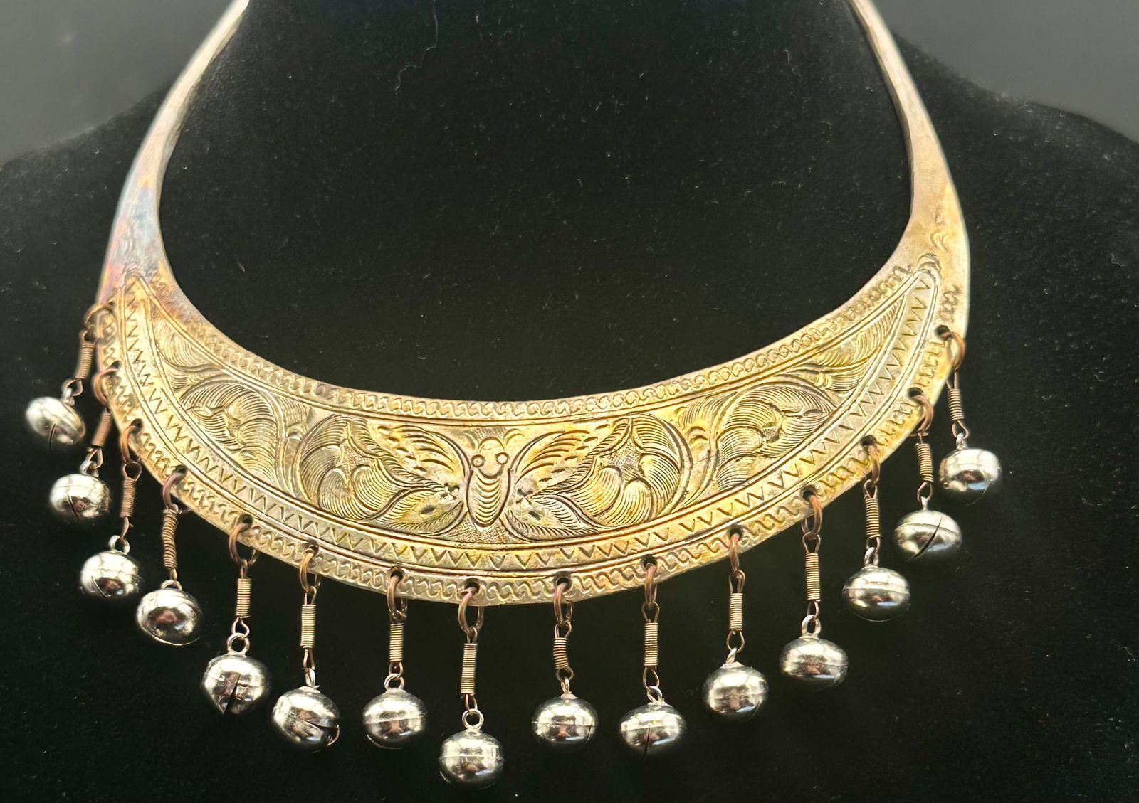 Vintage Thailand Hmong Hill Tribe Silver-Tone Bib Necklace w/ Dangle Bells, Peacock Motif (1 of 9)