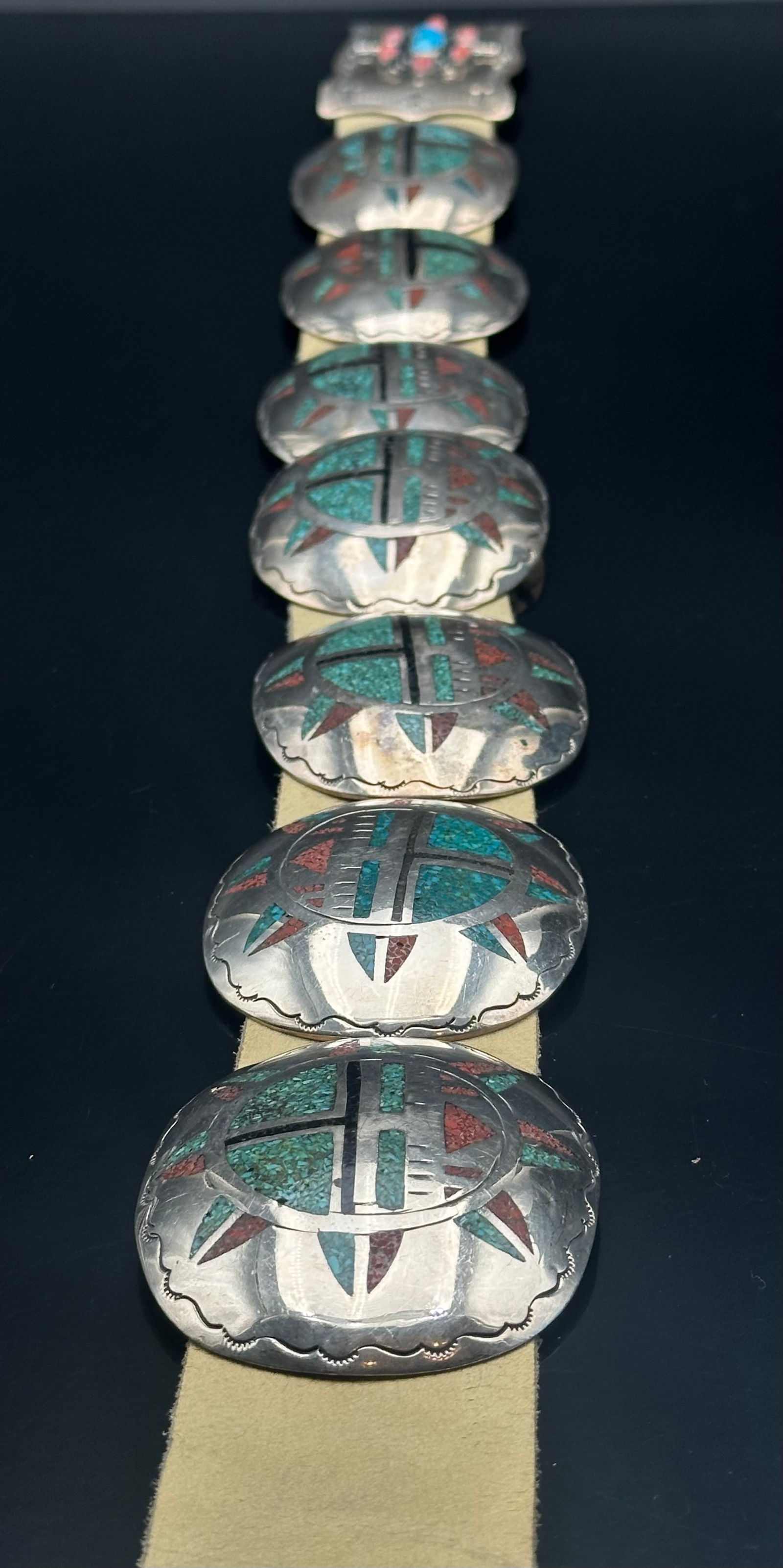 Vintage Navajo Style Turquoise & Coral Inlay Sterling Concho Belt – 626g (1 of 9)