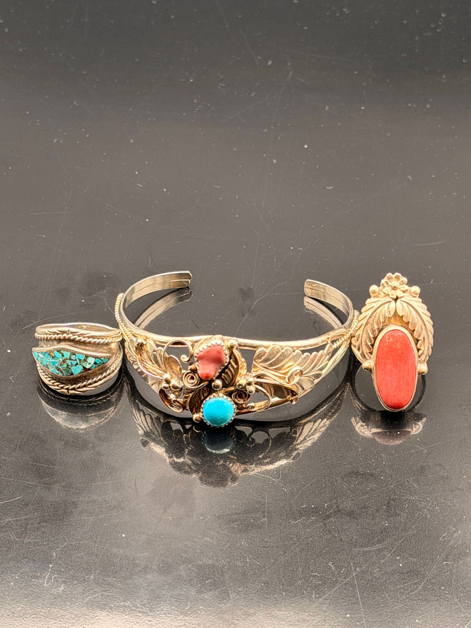 Sterling Silver Turquoise & Coral Bracelet + 2 Rings Lot – 36.1g (1 of 14)