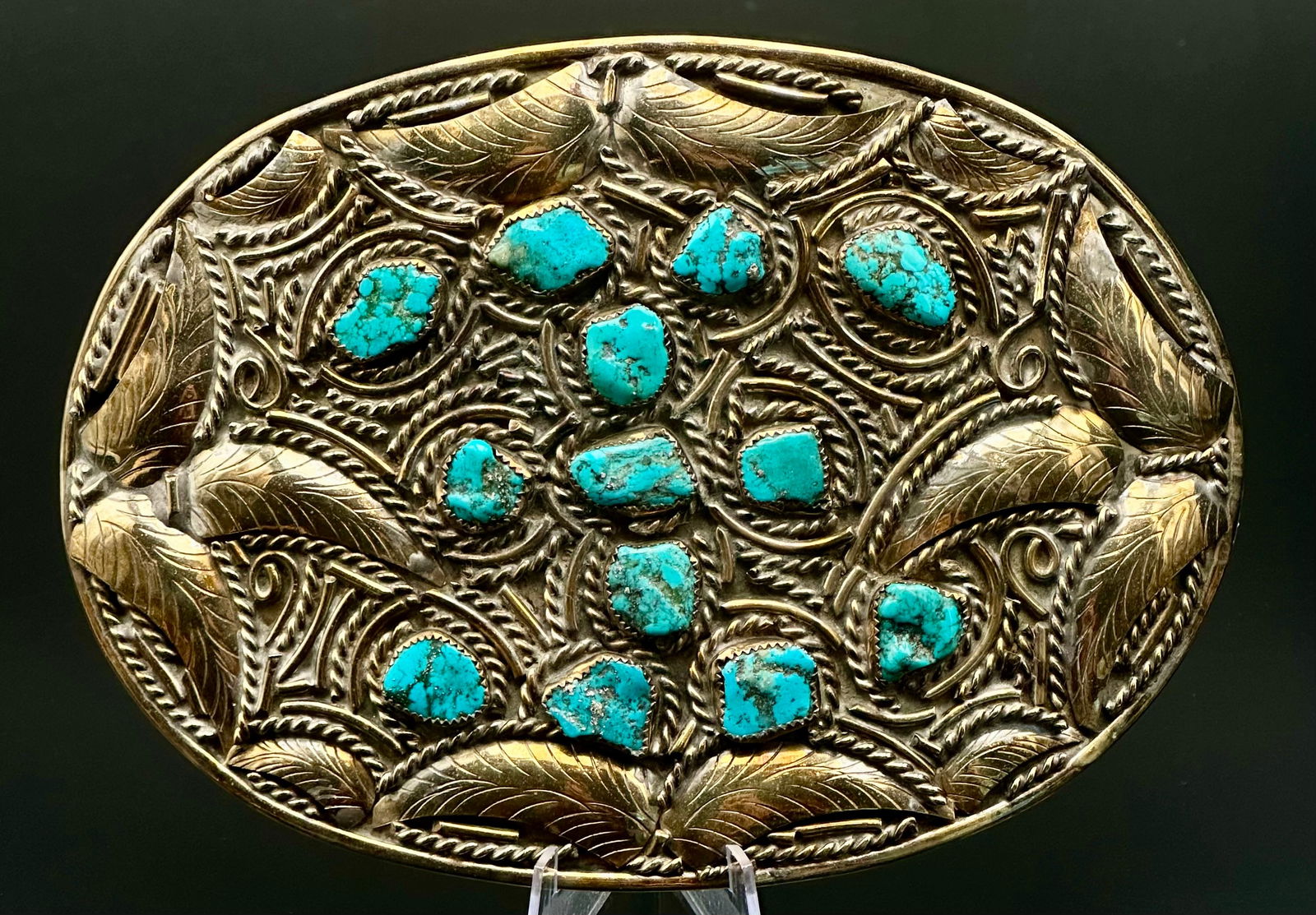 Vintage Large Hand-Engraved Brass Belt Buckle w/ Chunky Turquoise Nuggets – 234g (1 of 6)