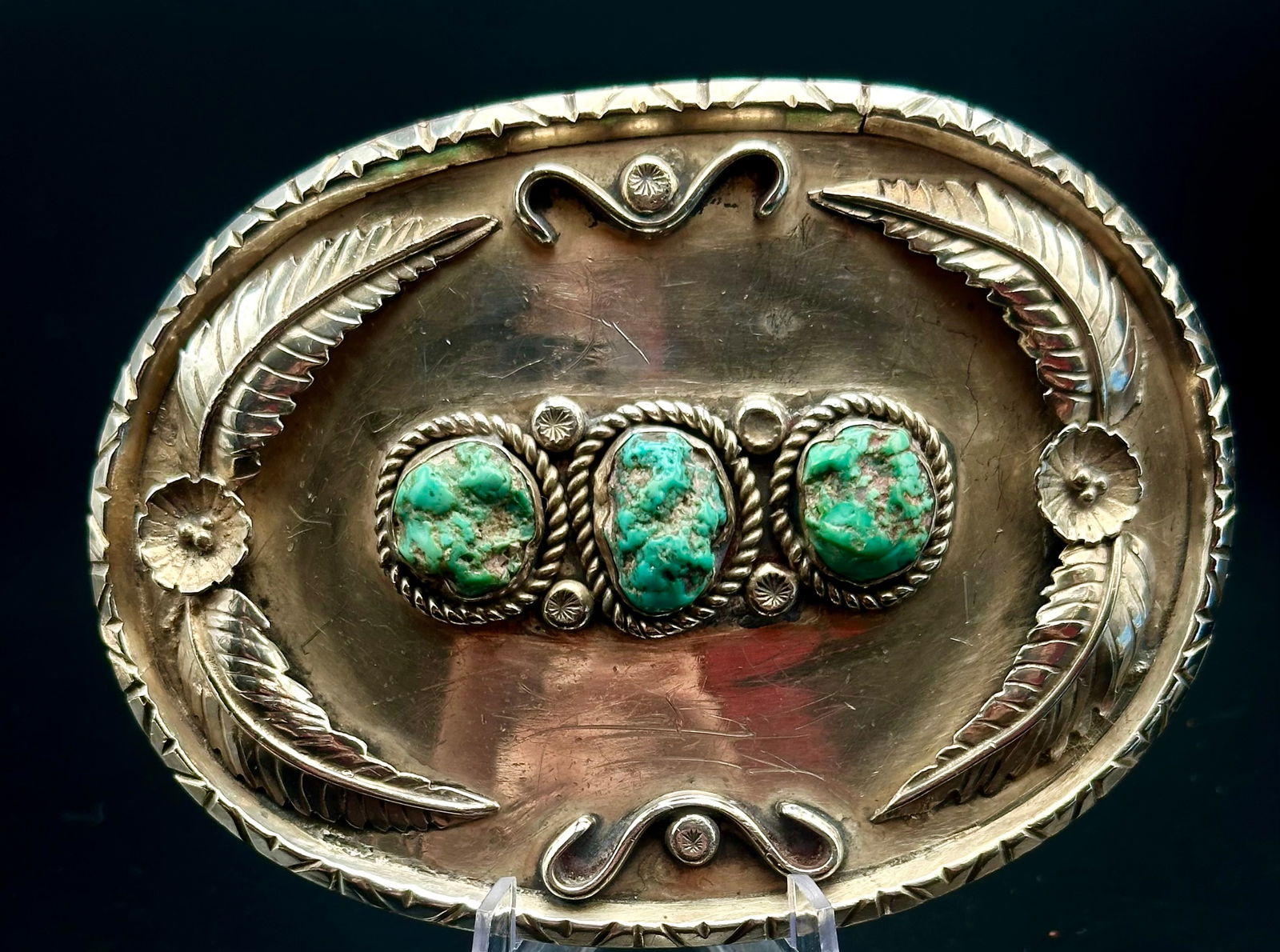 Vintage Navajo Sterling Silver Belt Buckle w/ Triple Turquoise – 118g (1 of 7)