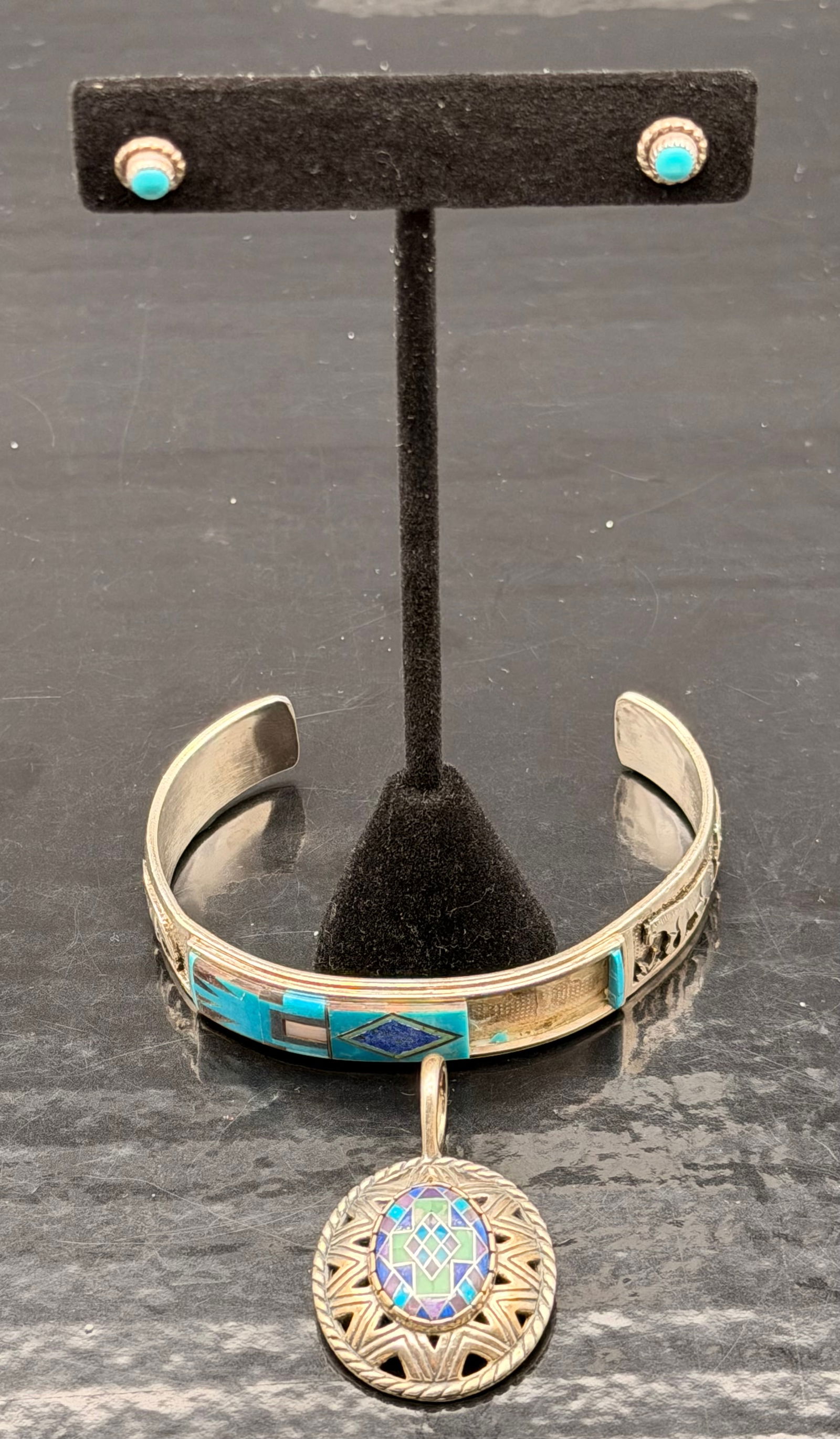 Navajo sterling silver cuff bracelet a matching pendant and turquoise stud earrings (1 of 11)