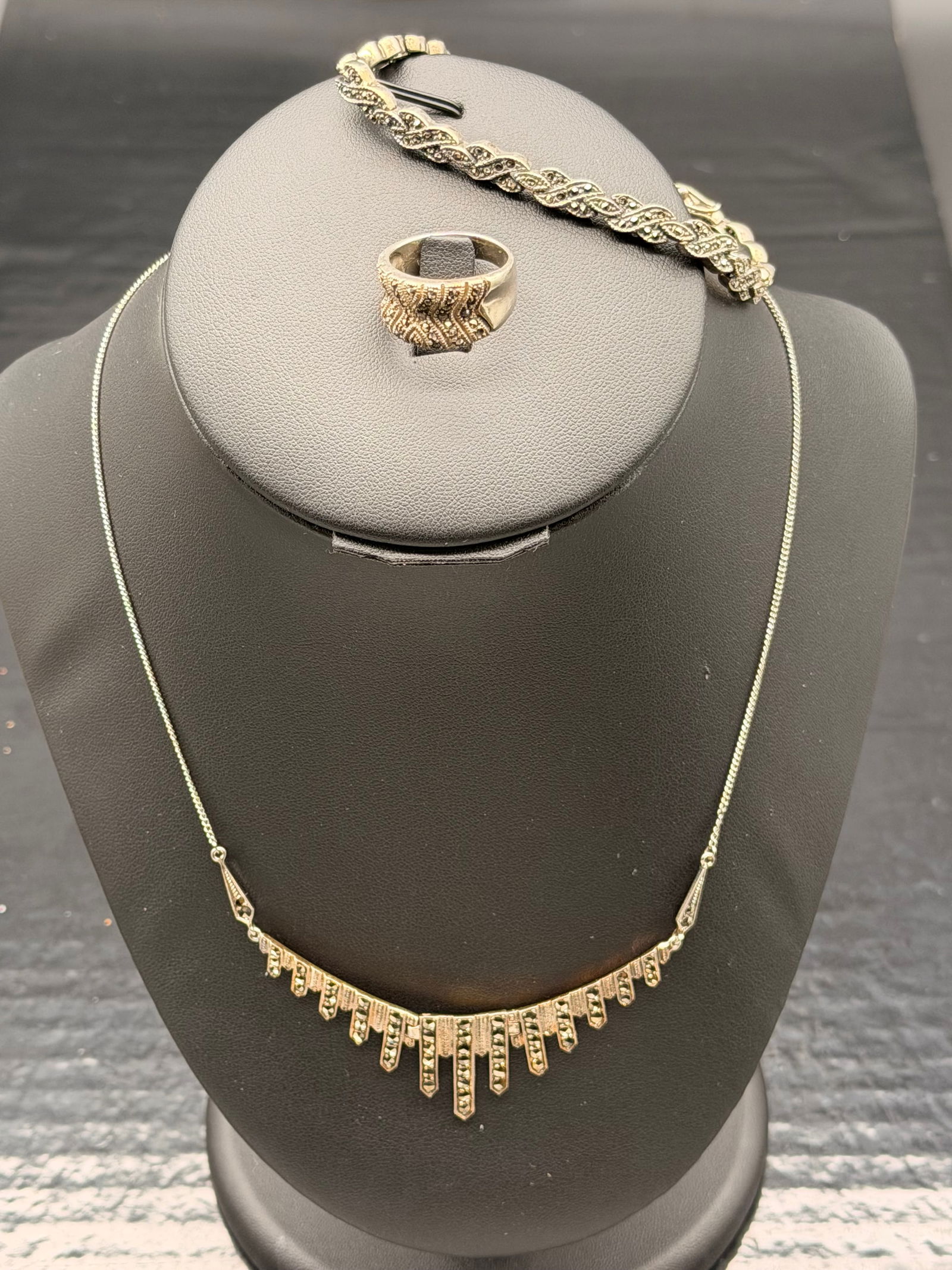 925 Sterling Marcasite Jewelry Set – Necklace, Bracelet & Ring – 34g (1 of 11)