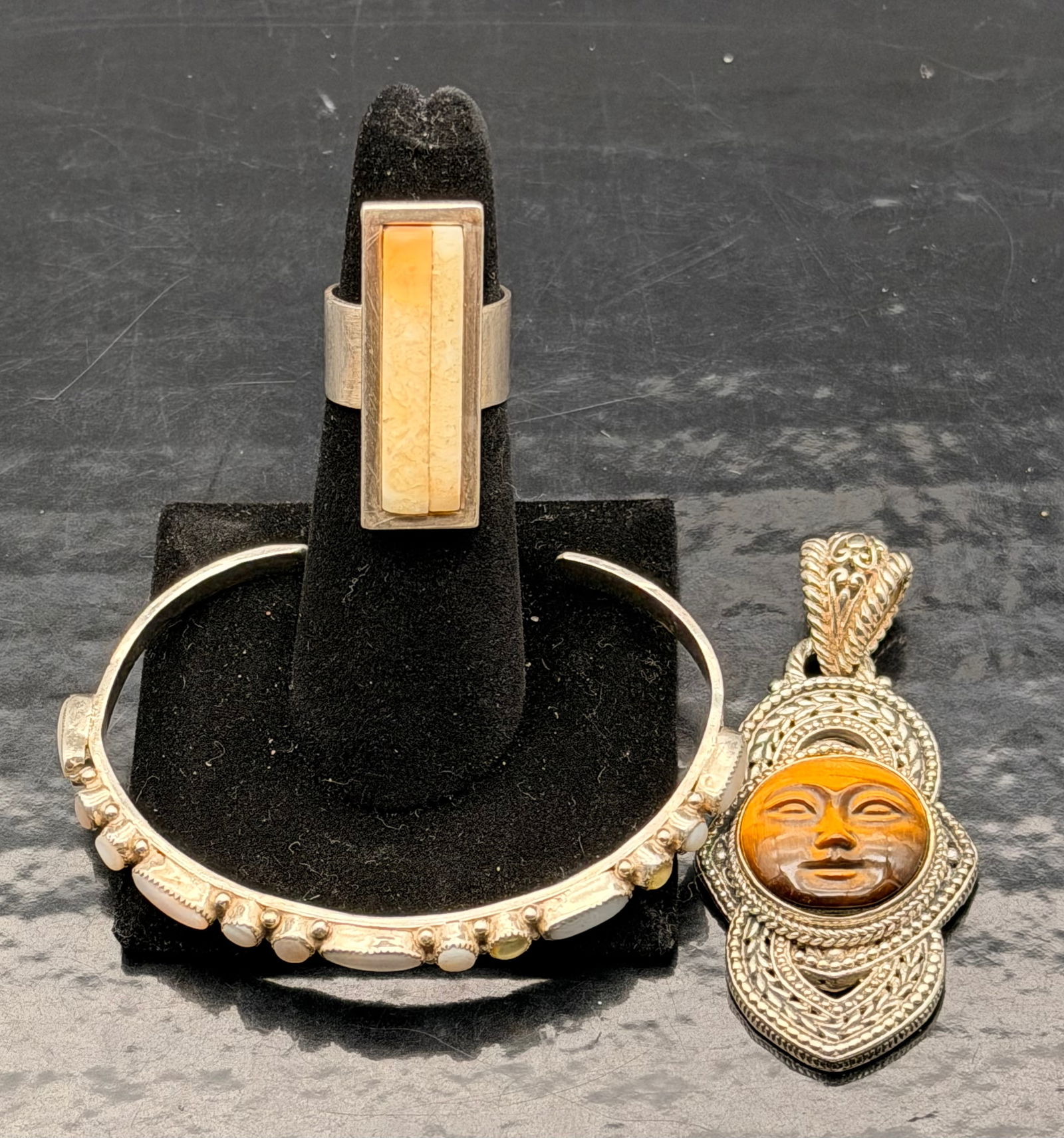 925 Sterling Sun Face Pendant, Amber Ring & Tribal Cuff Bracelet – 39g (1 of 12)