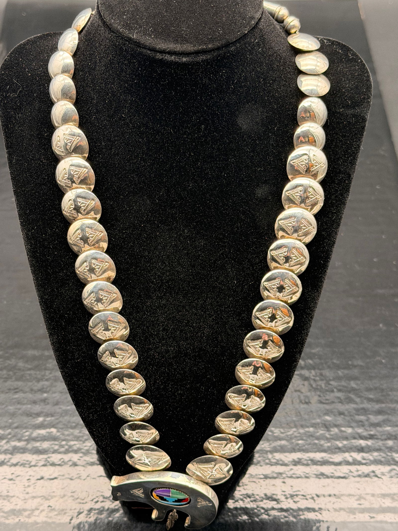 925 Sterling Silver Bear Fetish Necklace – Stamped Beads & Multi-Stone Inlay – 68g (1 of 5)