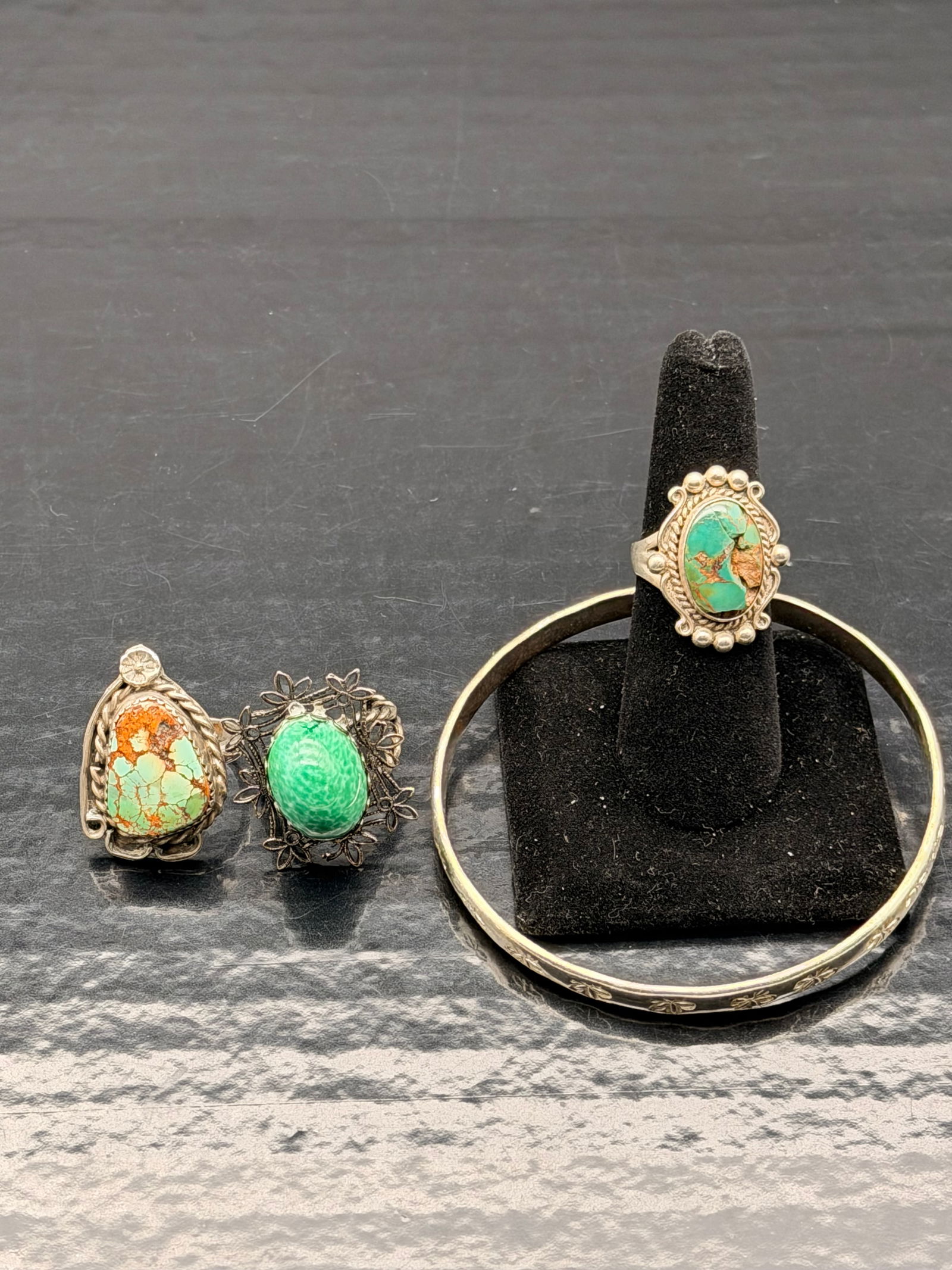 Navajo Sterling Silver Turquoise Jewelry Lot – 3 Rings + Engraved Bangle – 42g (1 of 18)