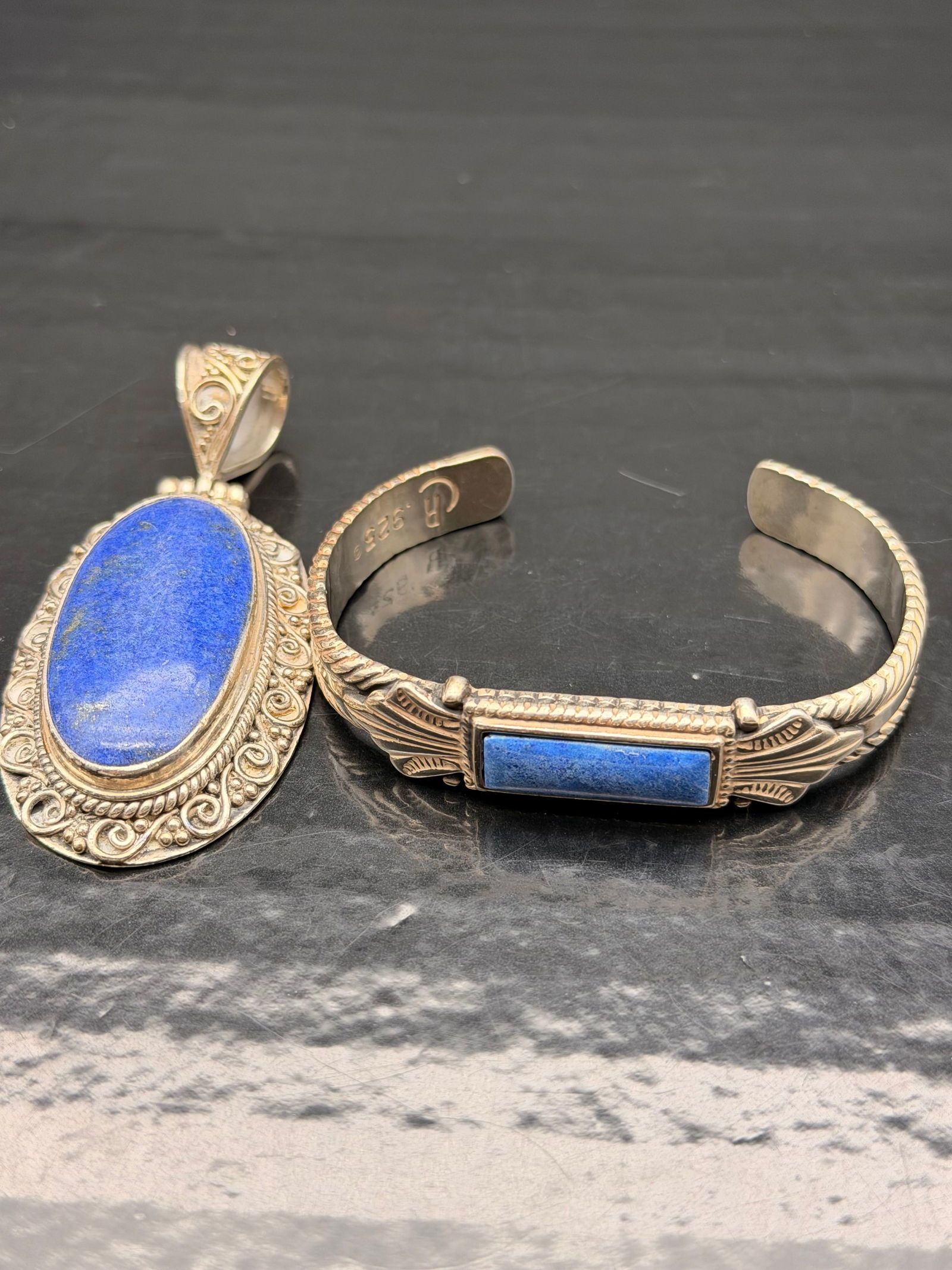 925 Sterling Silver Lapis Lazuli Bracelet & Pendant Set – 71g – Indonesia (1 of 9)