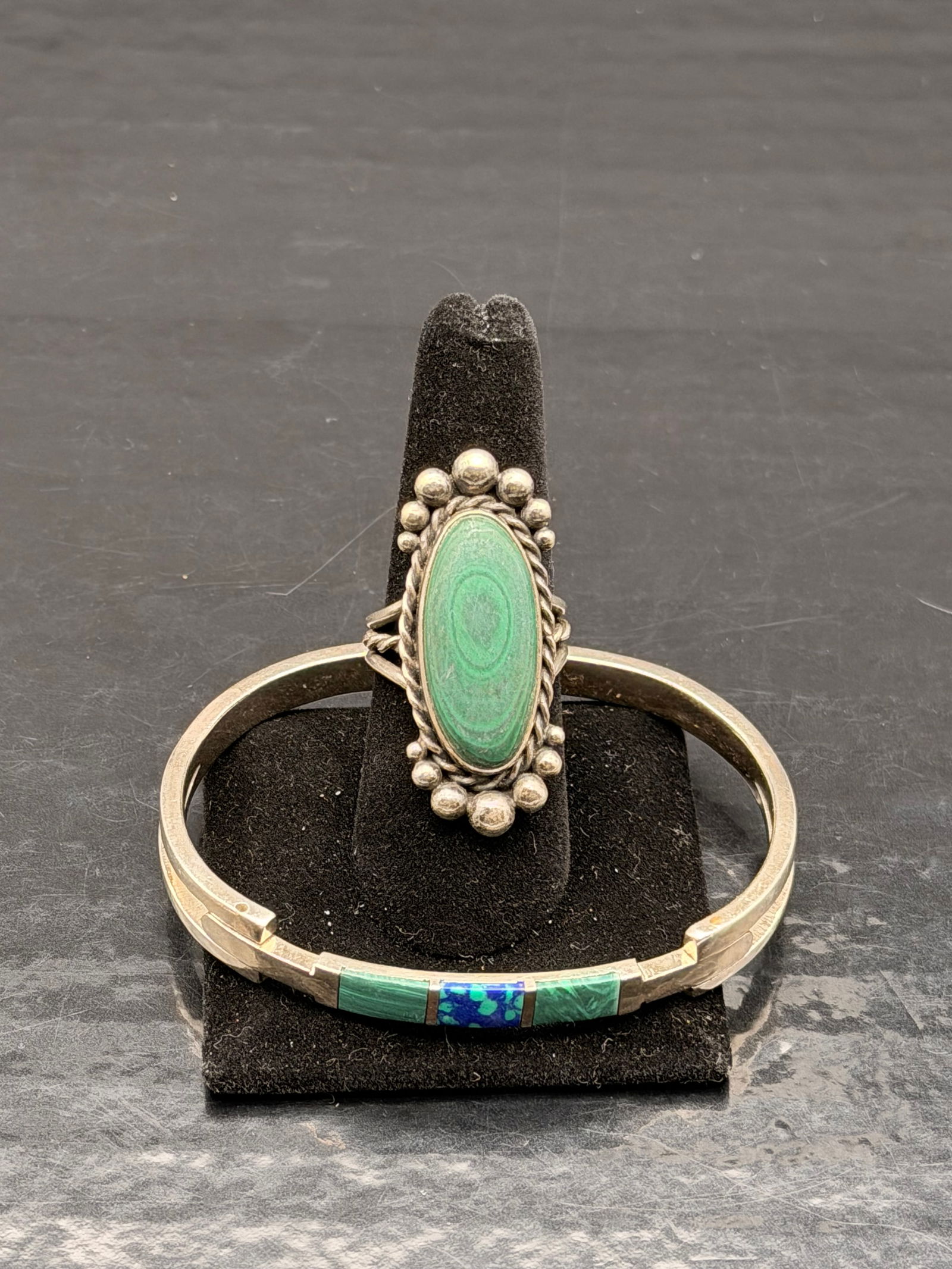 Mexican 925 Sterling Silver Malachite Ring & Inlay Bracelet Set – 40g (1 of 9)