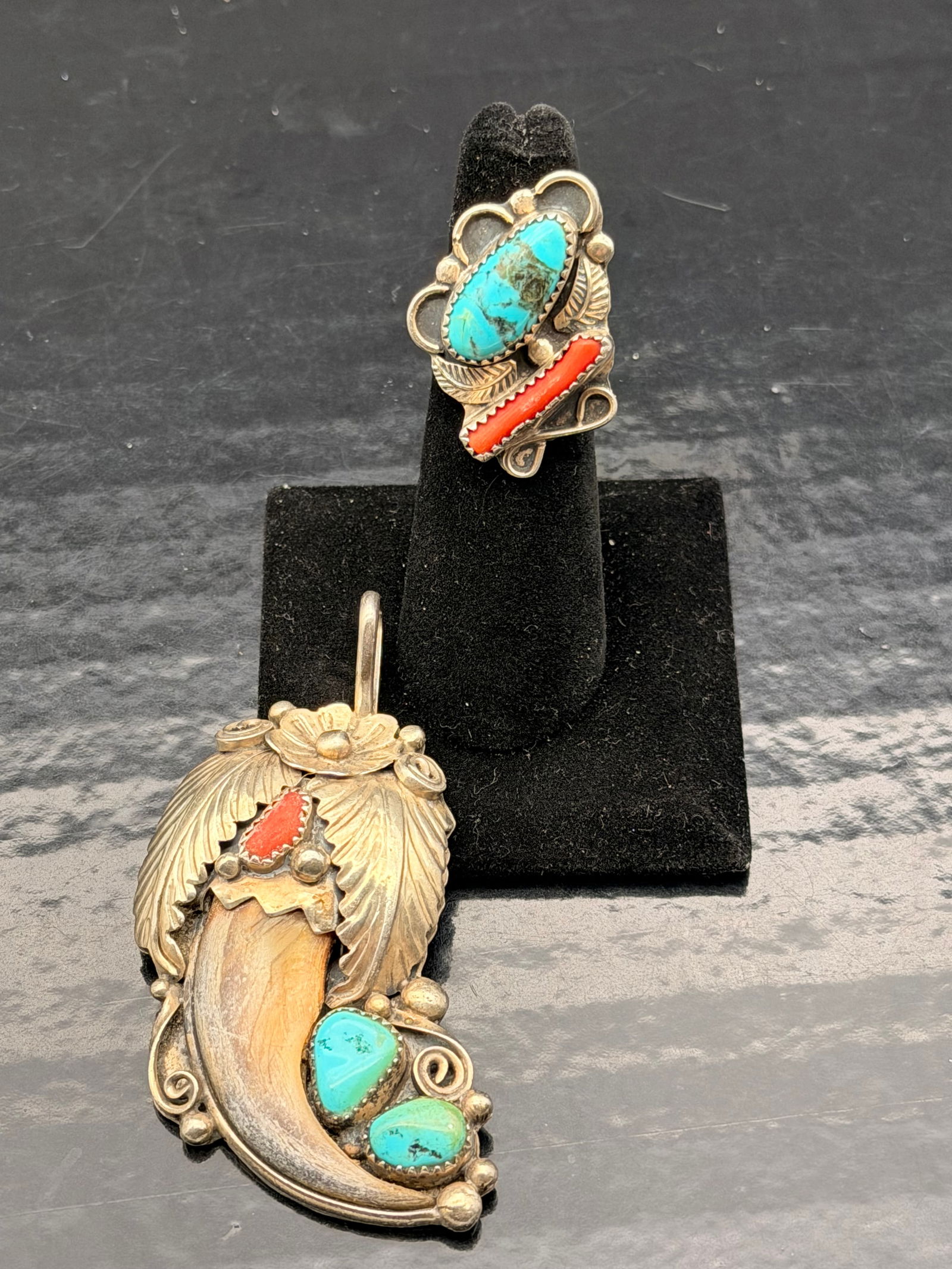 Bahe Navajo Sterling Bear Claw Pendant & Turquoise–Coral Ring Set – 30g (1 of 6)