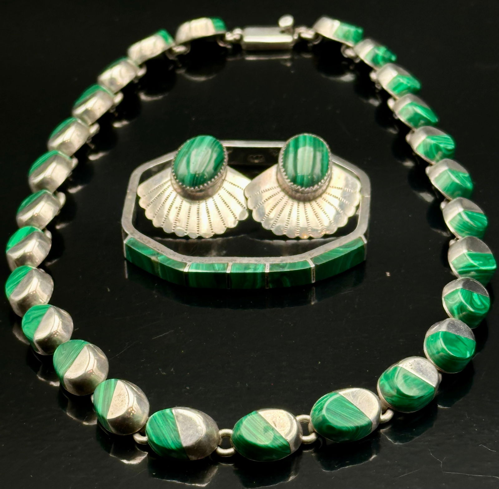 Vintage Mexico Sterling Silver Malachite Set – 133g Necklace, Bracelet & Earrings (1 of 18)