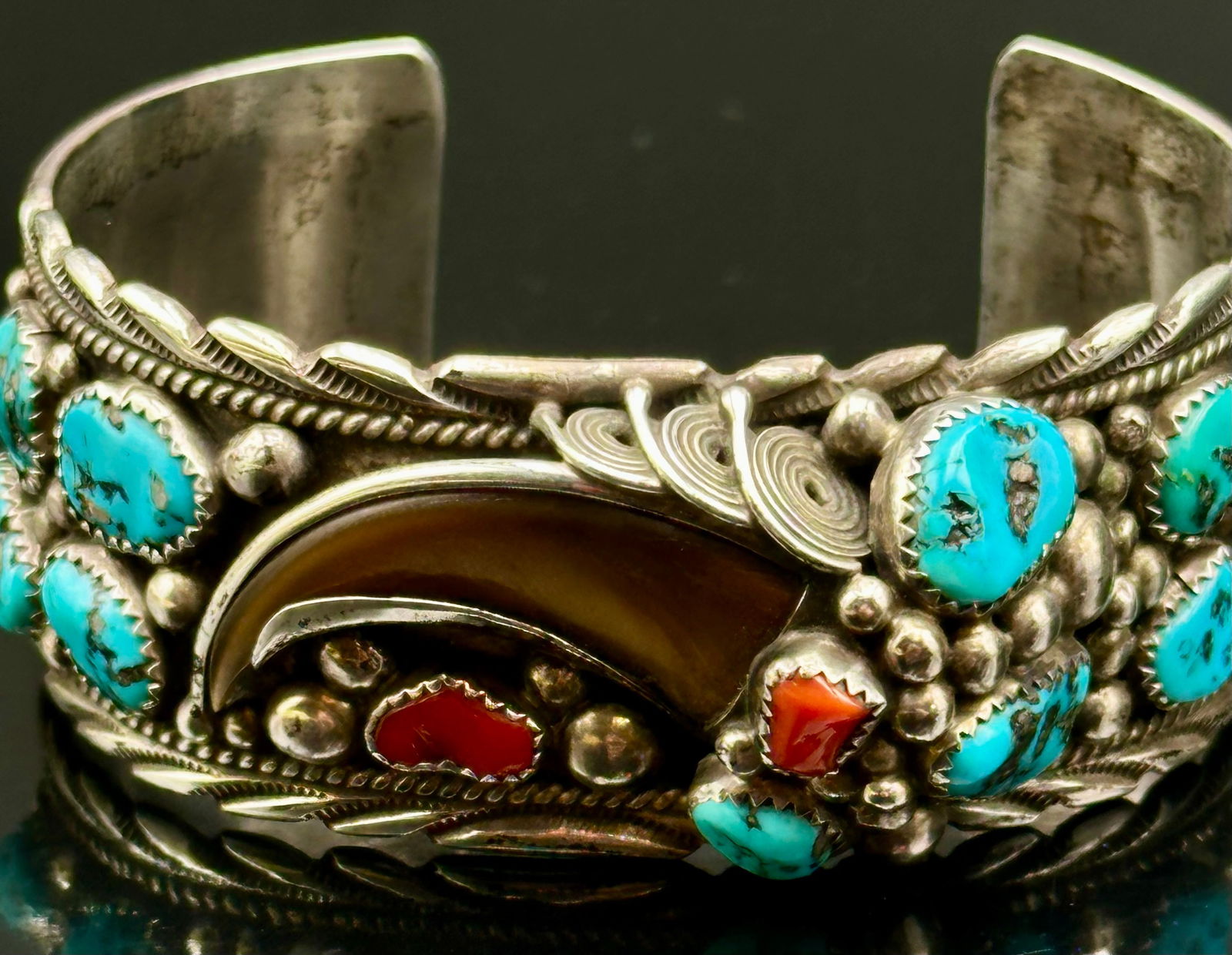 Vintage JS Sterling Silver Turquoise Coral & Bear Claw Cuff Bracelet – 62g (1 of 10)